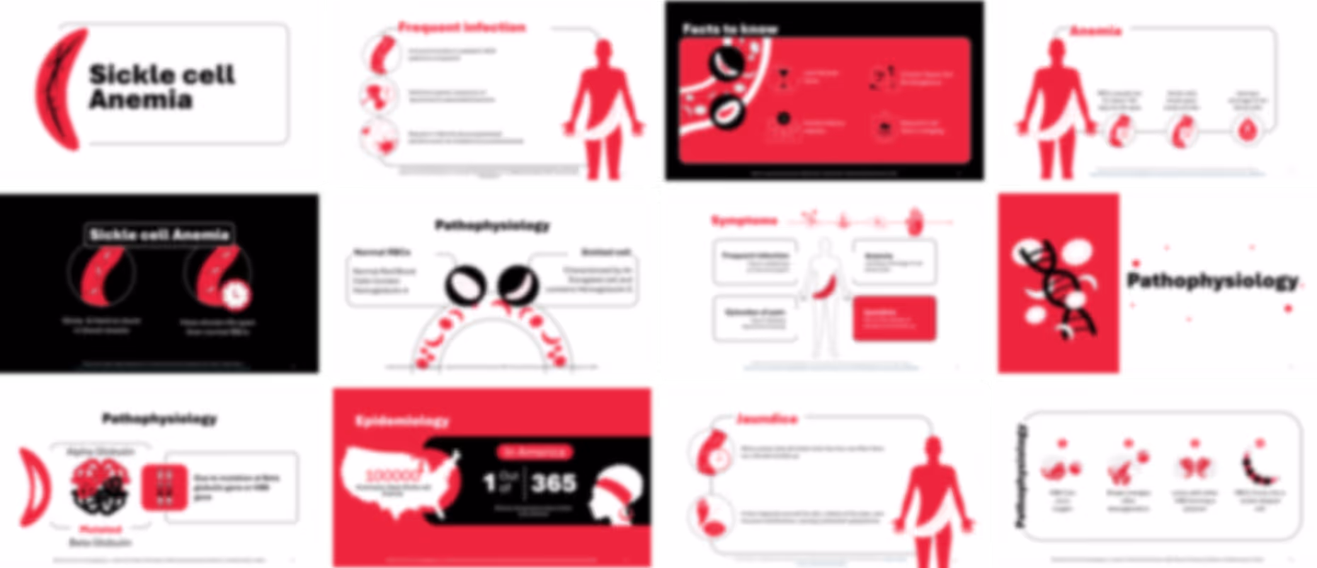 Sickle cell anemia presentation slides preview showing symptoms, causes, complications, and treatment options