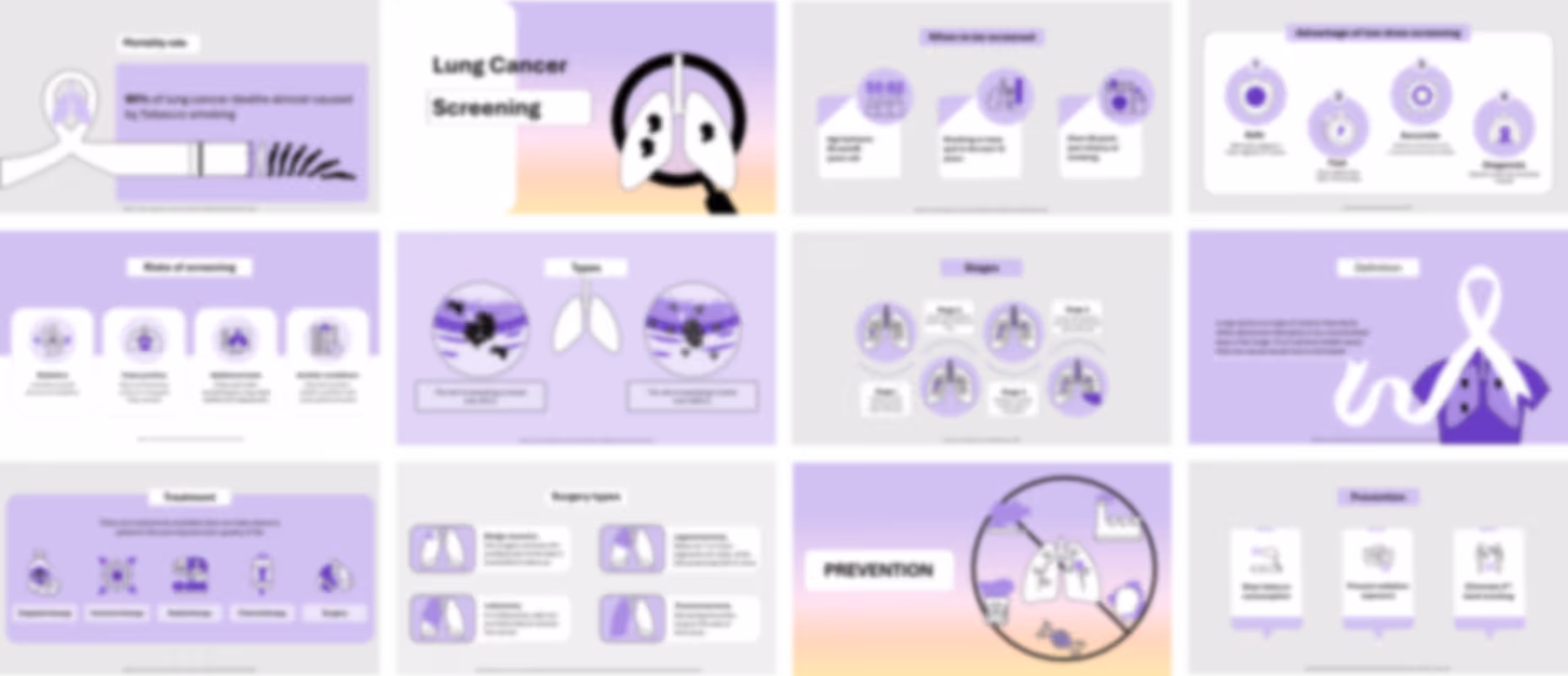 Ready-made lung cancer presentation slides with medical content, charts, and oncology explanations