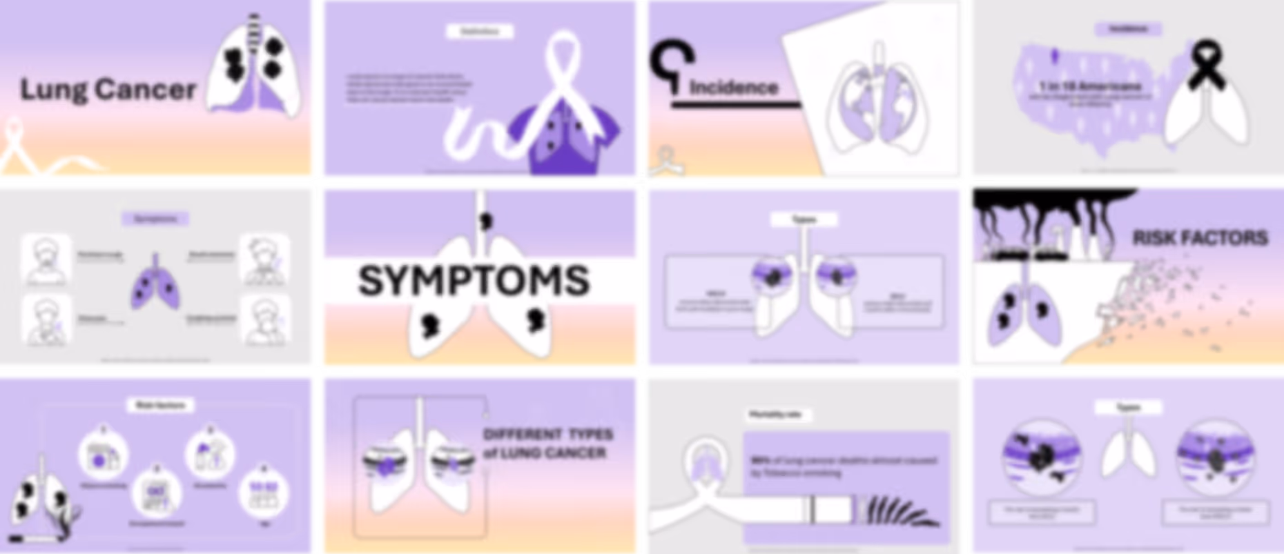 Lung cancer presentation slides preview showing symptoms, risk factors, diagnosis, and treatment options