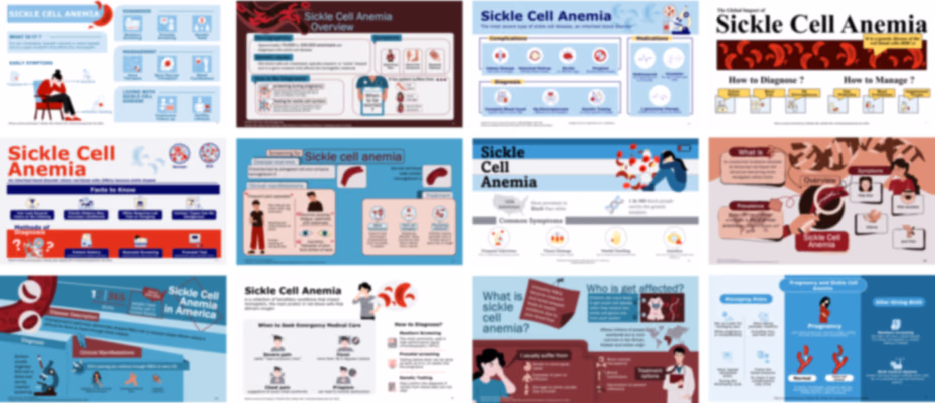Sickle cell anemia infographic slide deck example with data visuals, blood disorder diagrams, and presentation design
