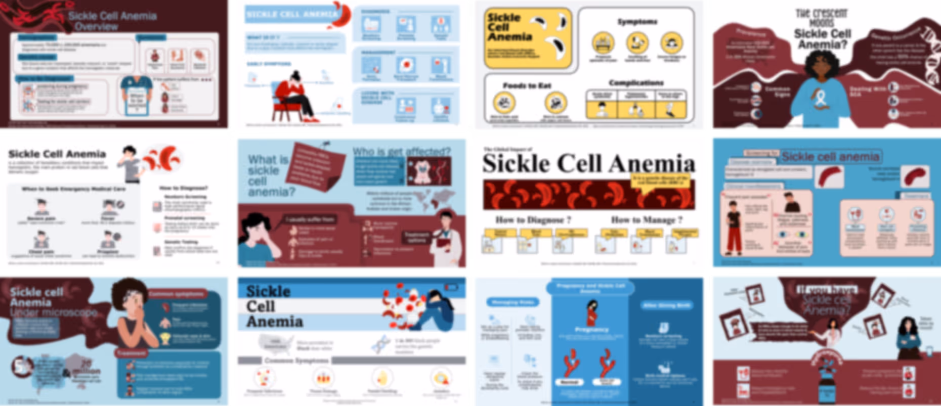 Sickle cell anemia PowerPoint infographics slides preview showing symptoms, causes, complications, and treatment visuals
