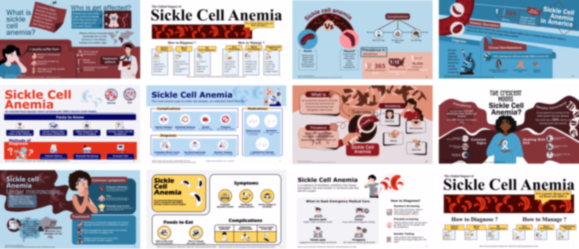 Ready-made sickle cell anemia PowerPoint infographics slides with medical charts, icons, and healthcare explanations