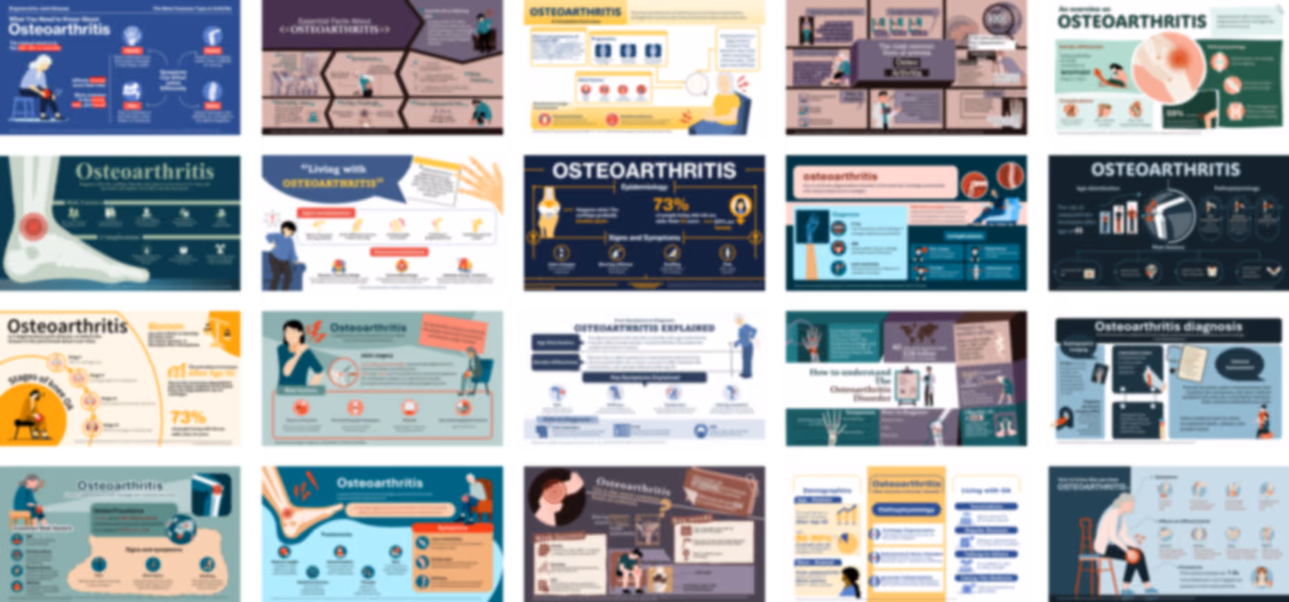 Osteoarthritis PowerPoint infographics slides preview showing symptoms, causes, joint changes, and treatment options