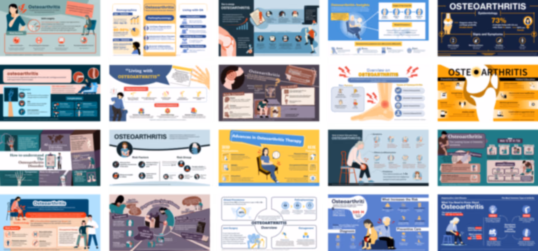 Osteoarthritis infographic slide deck example with data visuals, joint diagrams, and musculoskeletal presentation design