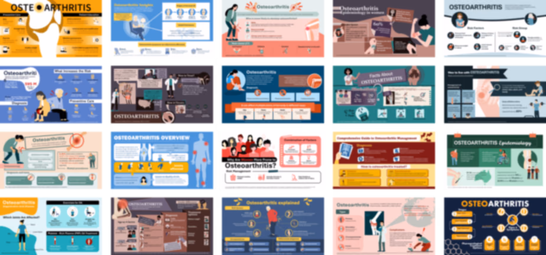 Ready-made osteoarthritis PowerPoint infographics slides with medical charts, icons, and healthcare explanations