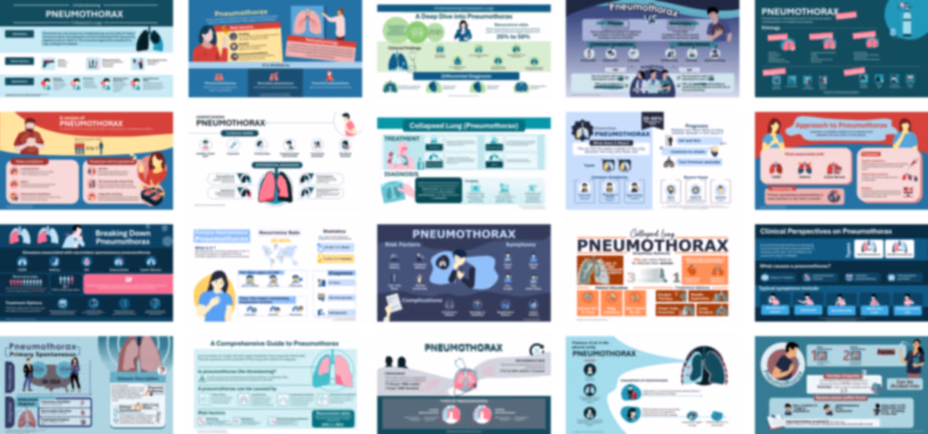 Pneumothorax PowerPoint infographics slides preview showing causes, symptoms, diagnosis, and treatment visuals