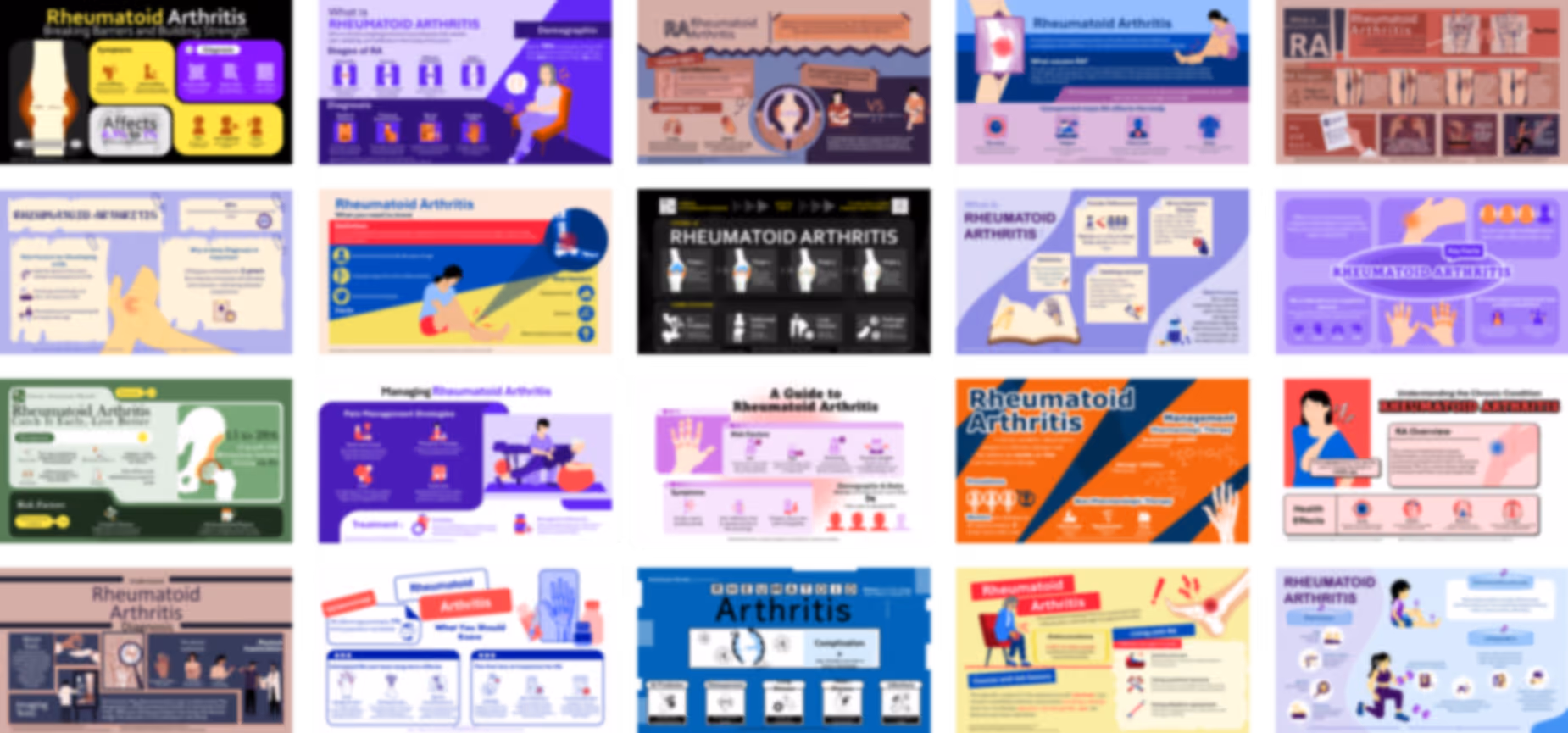 Rheumatoid arthritis PowerPoint infographics slides preview showing symptoms, causes, joint inflammation, and treatment options
