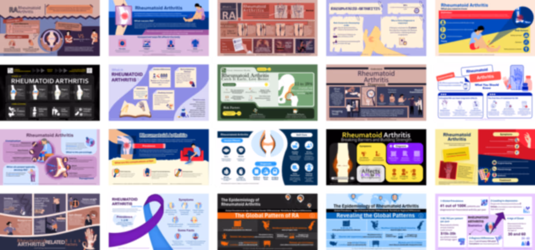 Rheumatoid arthritis infographic slide deck example with data visuals, joint disease diagrams, and healthcare presentation design