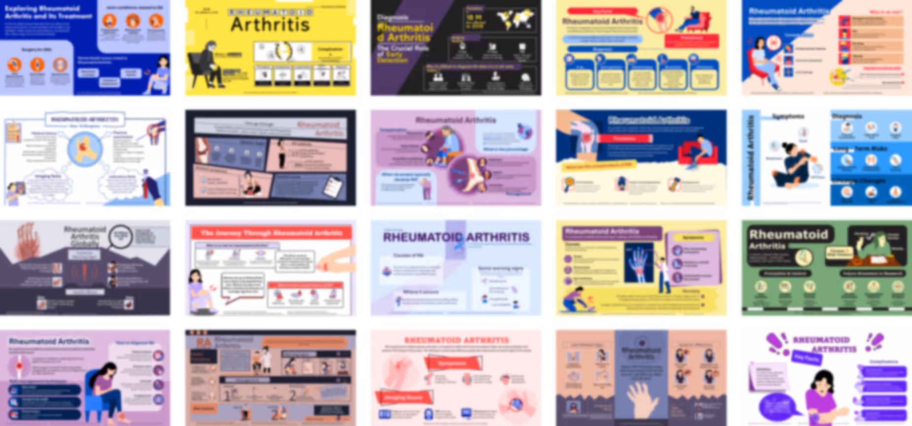 Ready-made rheumatoid arthritis PowerPoint infographics slides with medical charts, icons, and clinical explanations