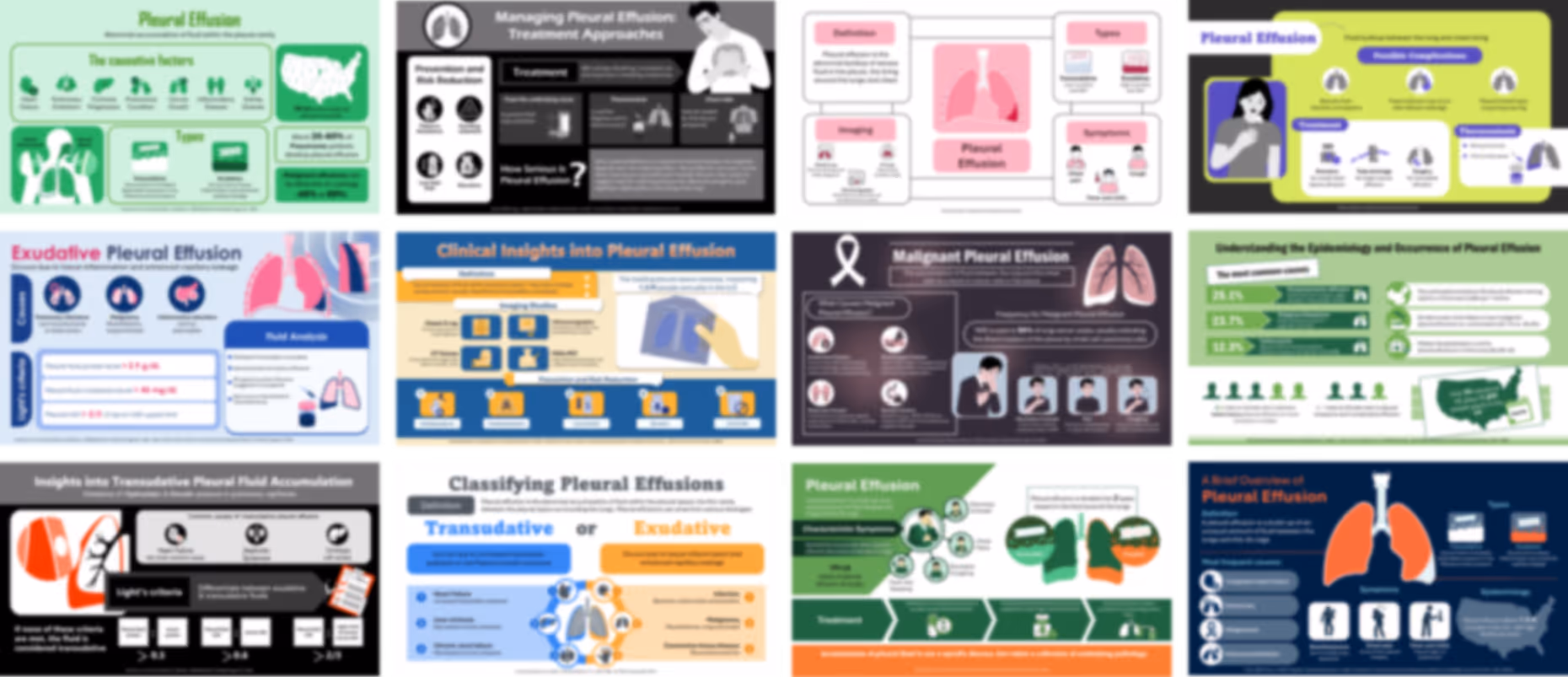 Pleural effusion PowerPoint infographics slides preview showing causes, symptoms, diagnosis, and treatment visuals