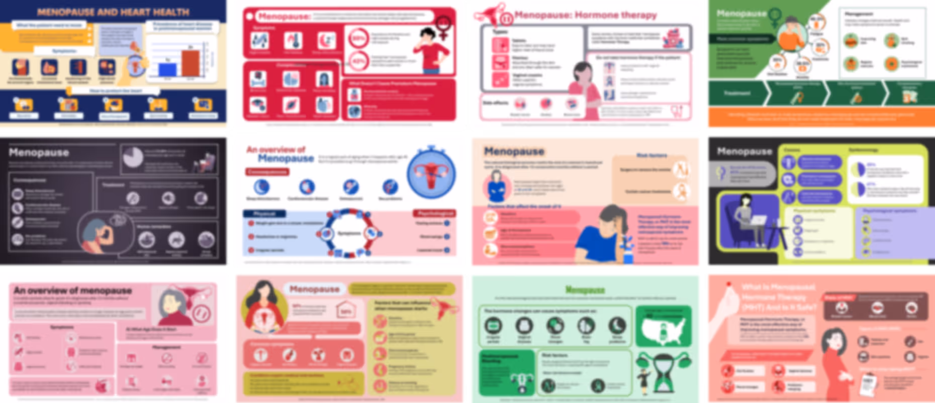 Menopause PowerPoint infographics slides preview showing symptoms, hormonal changes, stages, and treatment options