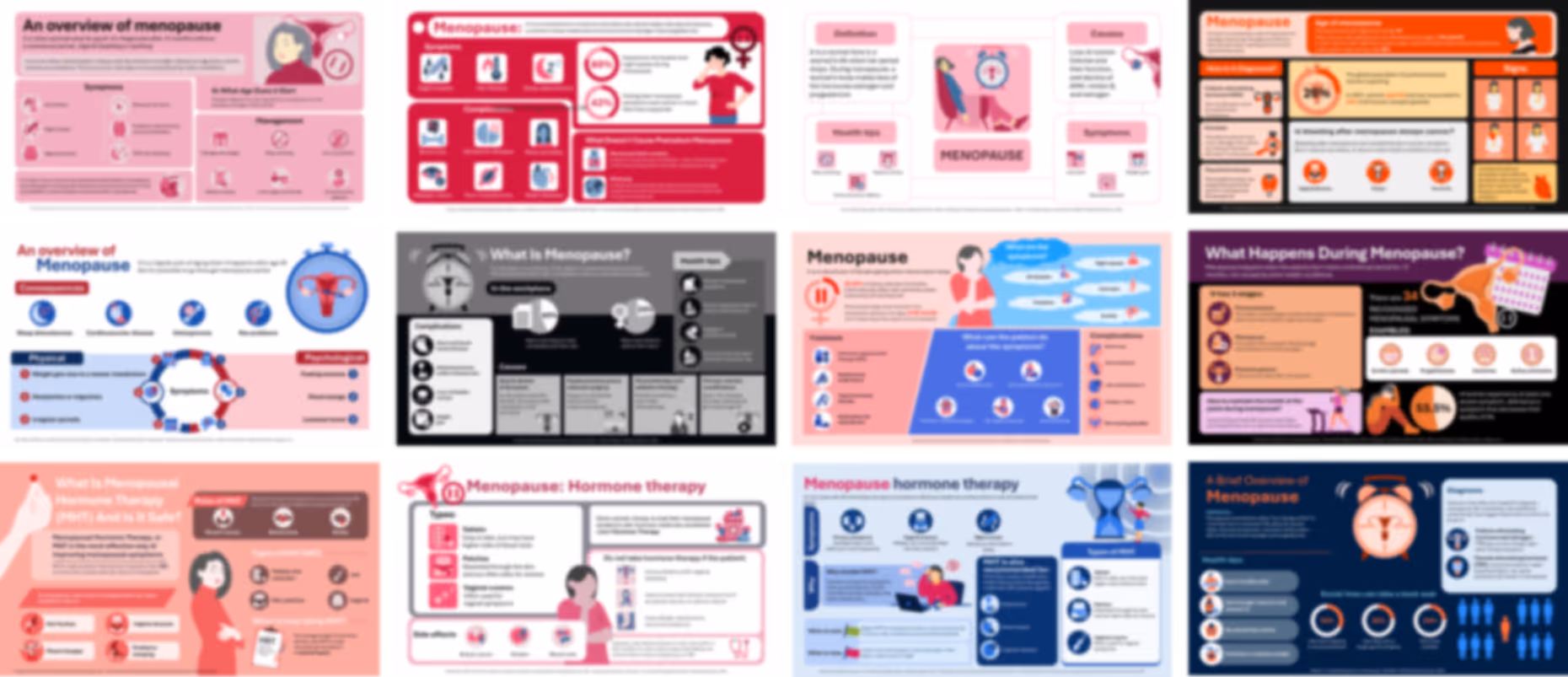 Ready-made menopause PowerPoint infographics slides with medical charts, icons, and women’s health explanations