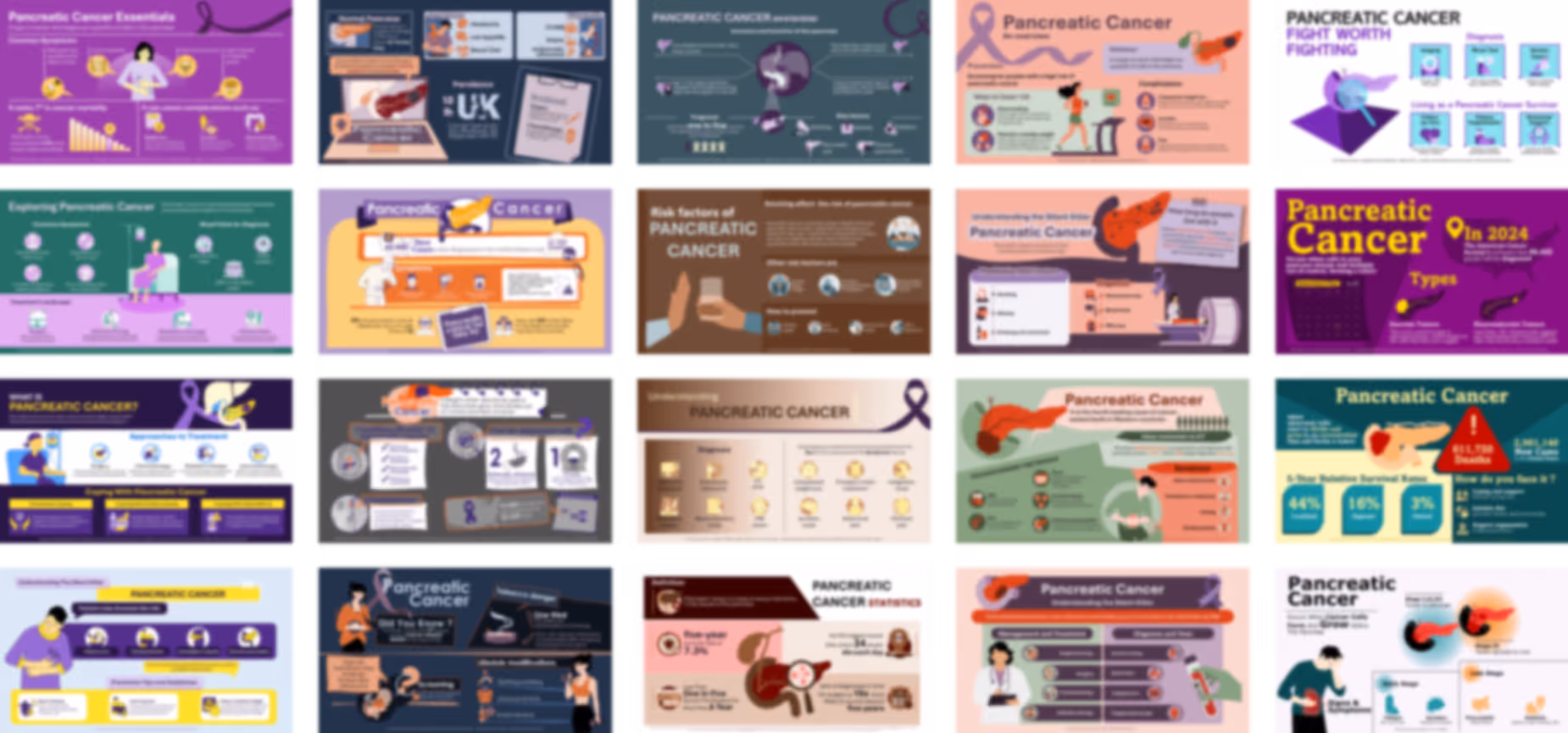 Pancreatic cancer infographics slides preview showing symptoms, risk factors, diagnosis, and treatment visuals