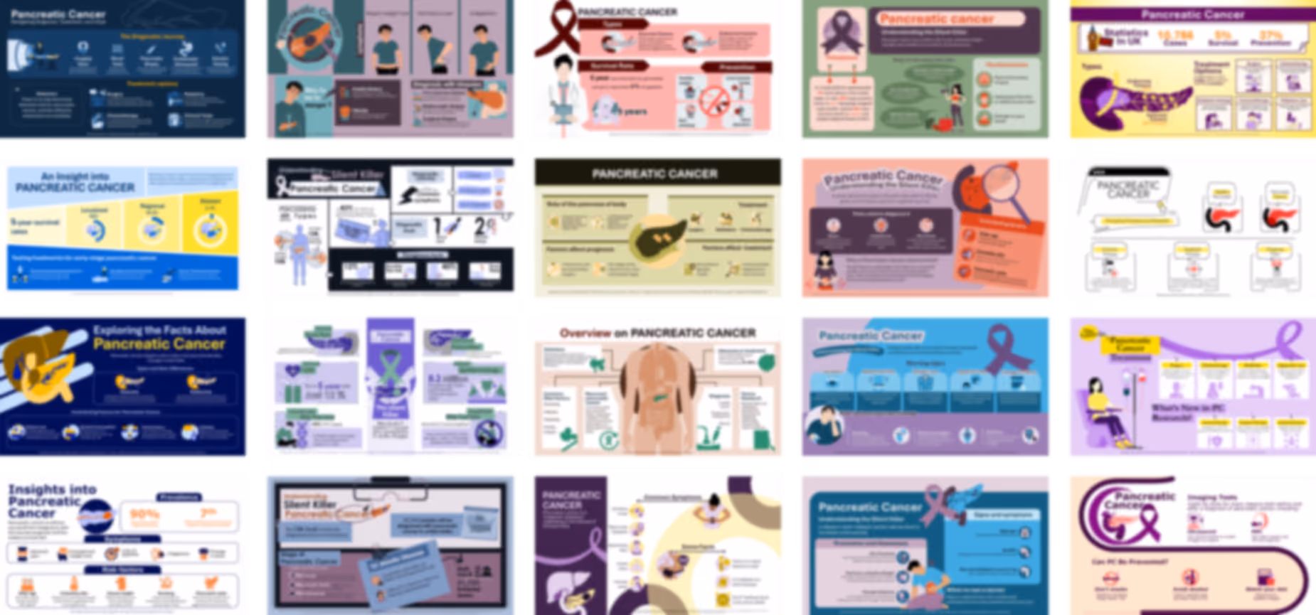 Ready-made pancreatic cancer infographics slides with medical charts, icons, and oncology explanations
