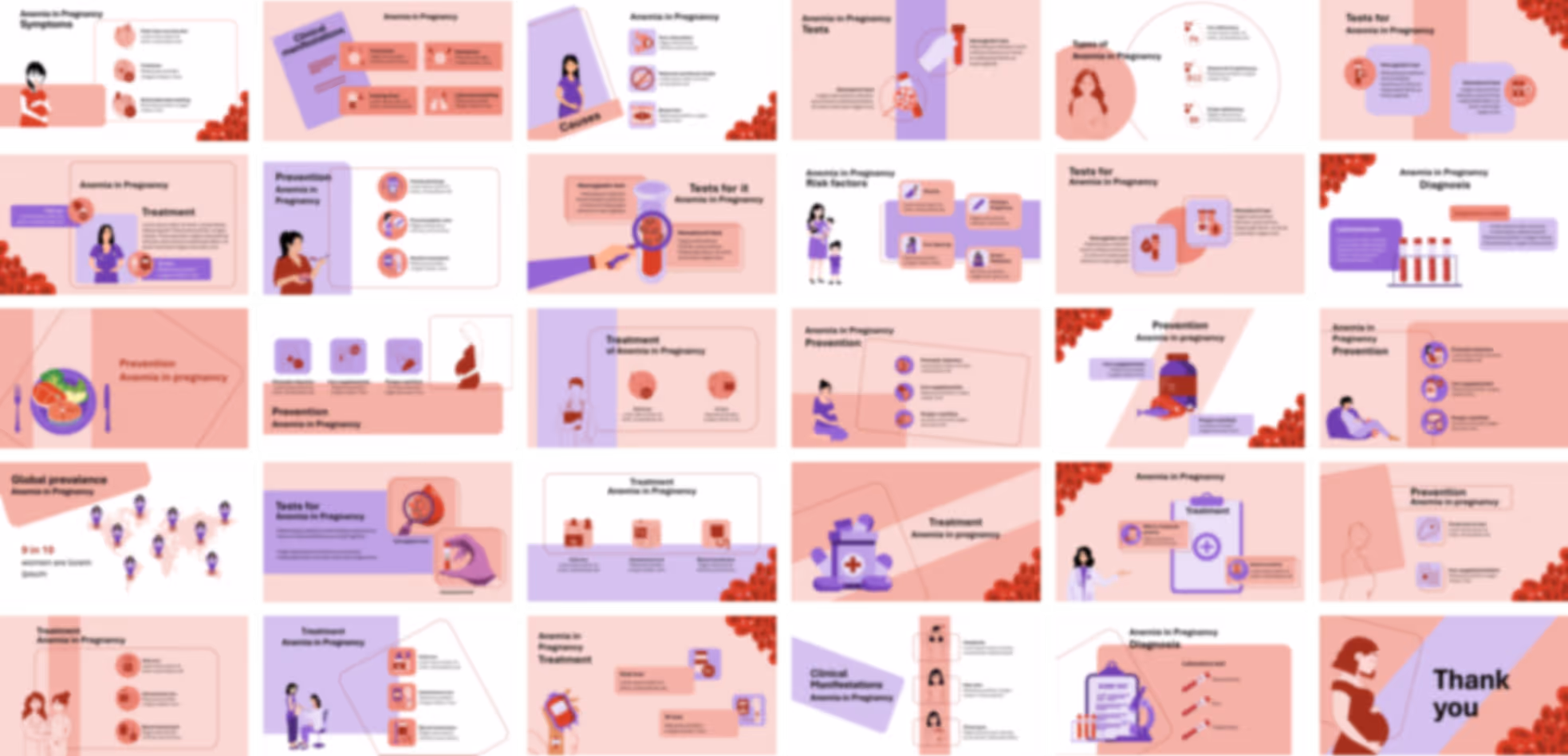 Anemia in pregnancy PowerPoint template slides preview showing maternal risks, symptoms, and treatment slide layouts
