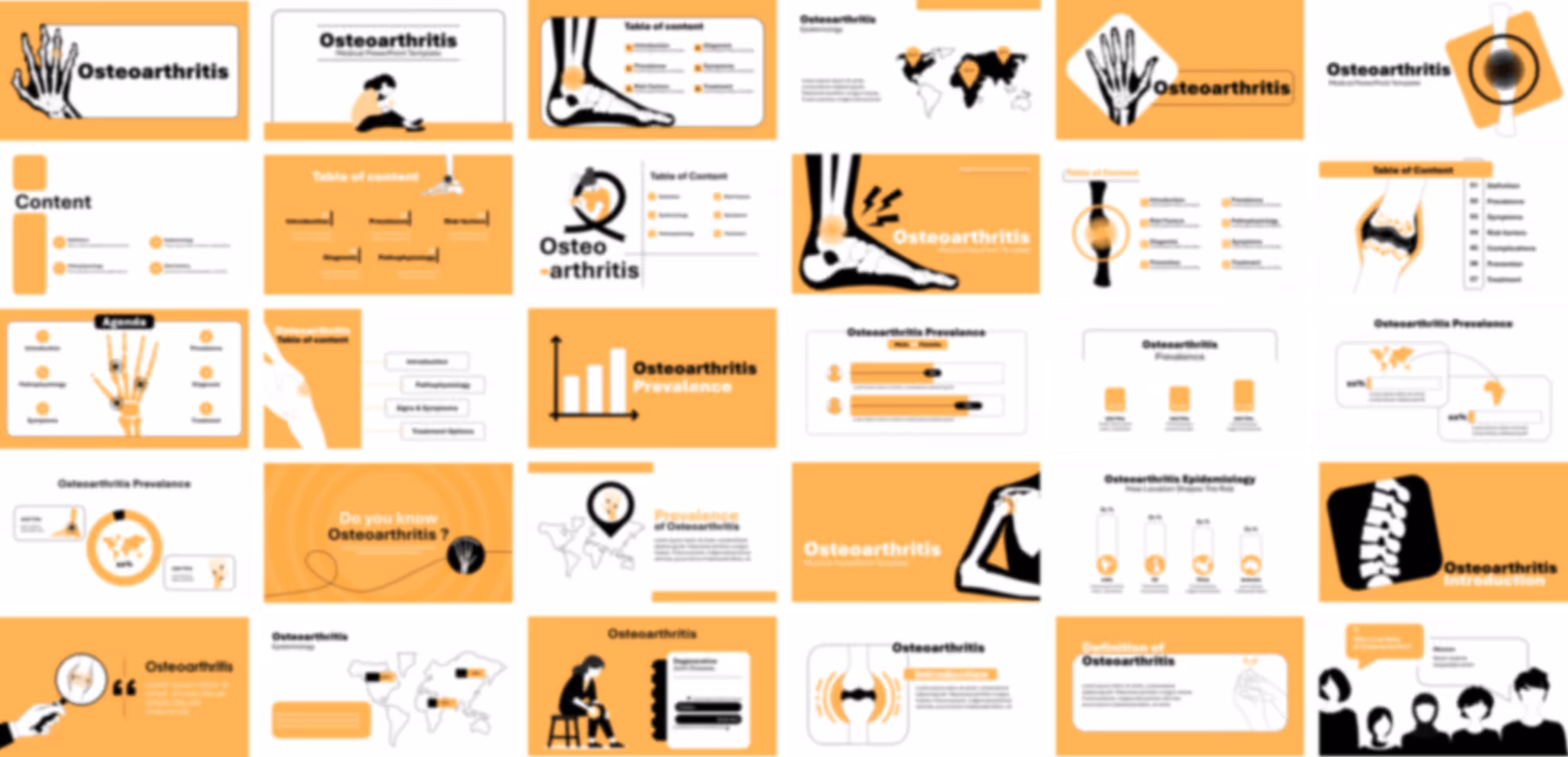 Osteoarthritis presentation template slides preview showing symptoms, causes, diagnosis, and treatment slide layouts