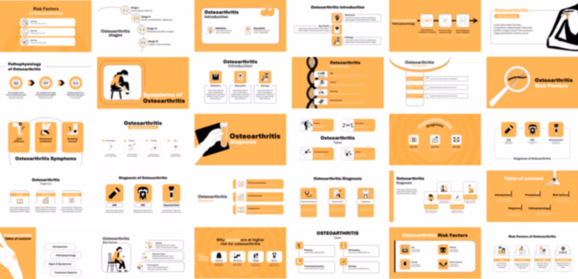 Editable osteoarthritis presentation template with medical slide designs, charts, and joint health layouts