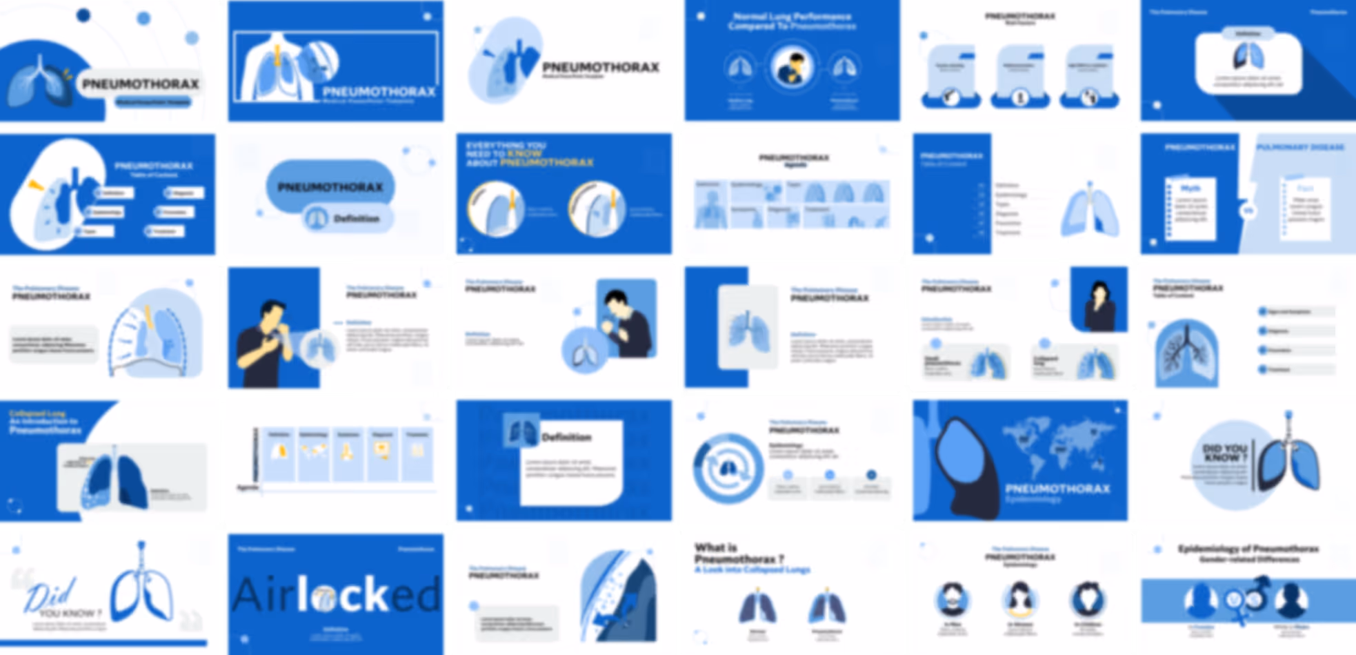 Pneumothorax PowerPoint template slides preview showing causes, symptoms, diagnosis, and treatment slide layouts