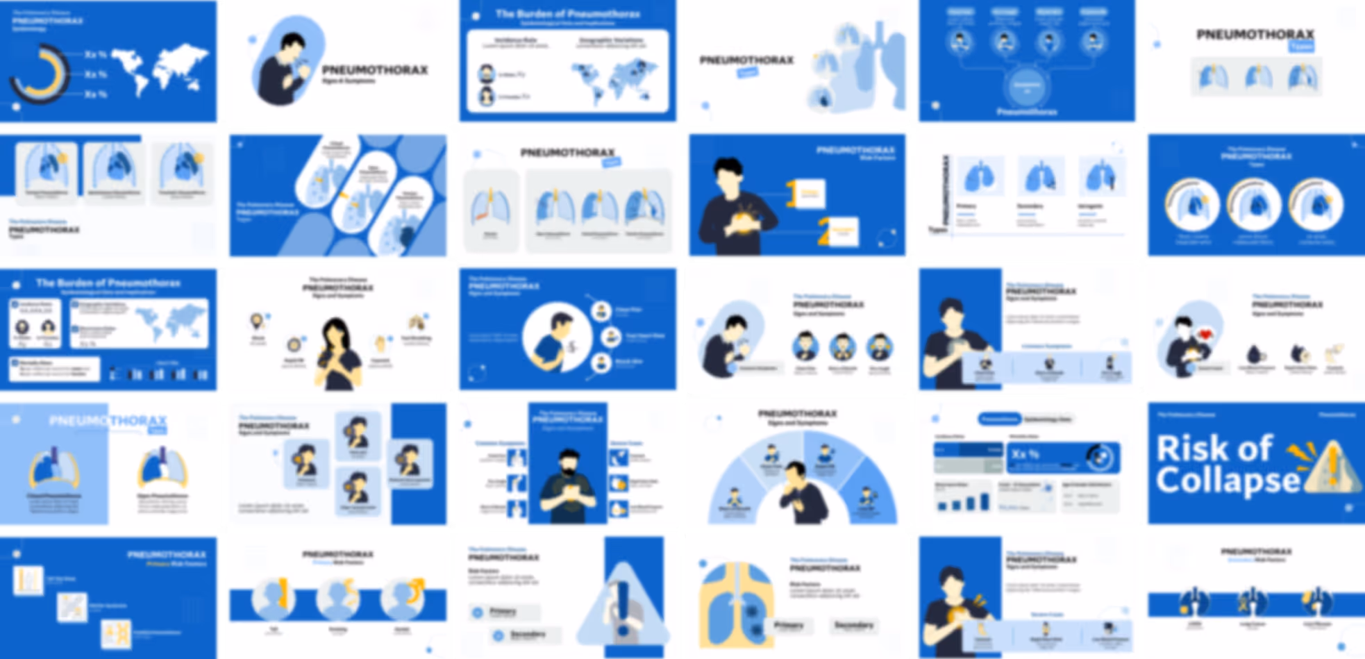 Editable pneumothorax PowerPoint template with medical slide designs, charts, and respiratory system layouts