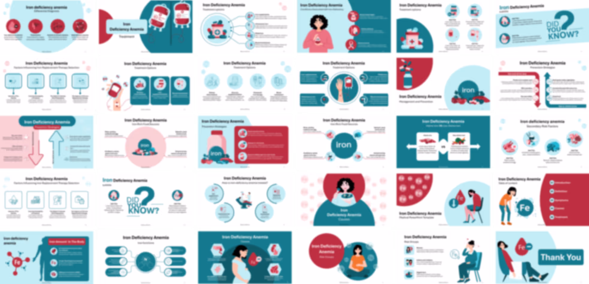 Editable iron deficiency anemia PPT template with clean design, data charts, and structured content slides