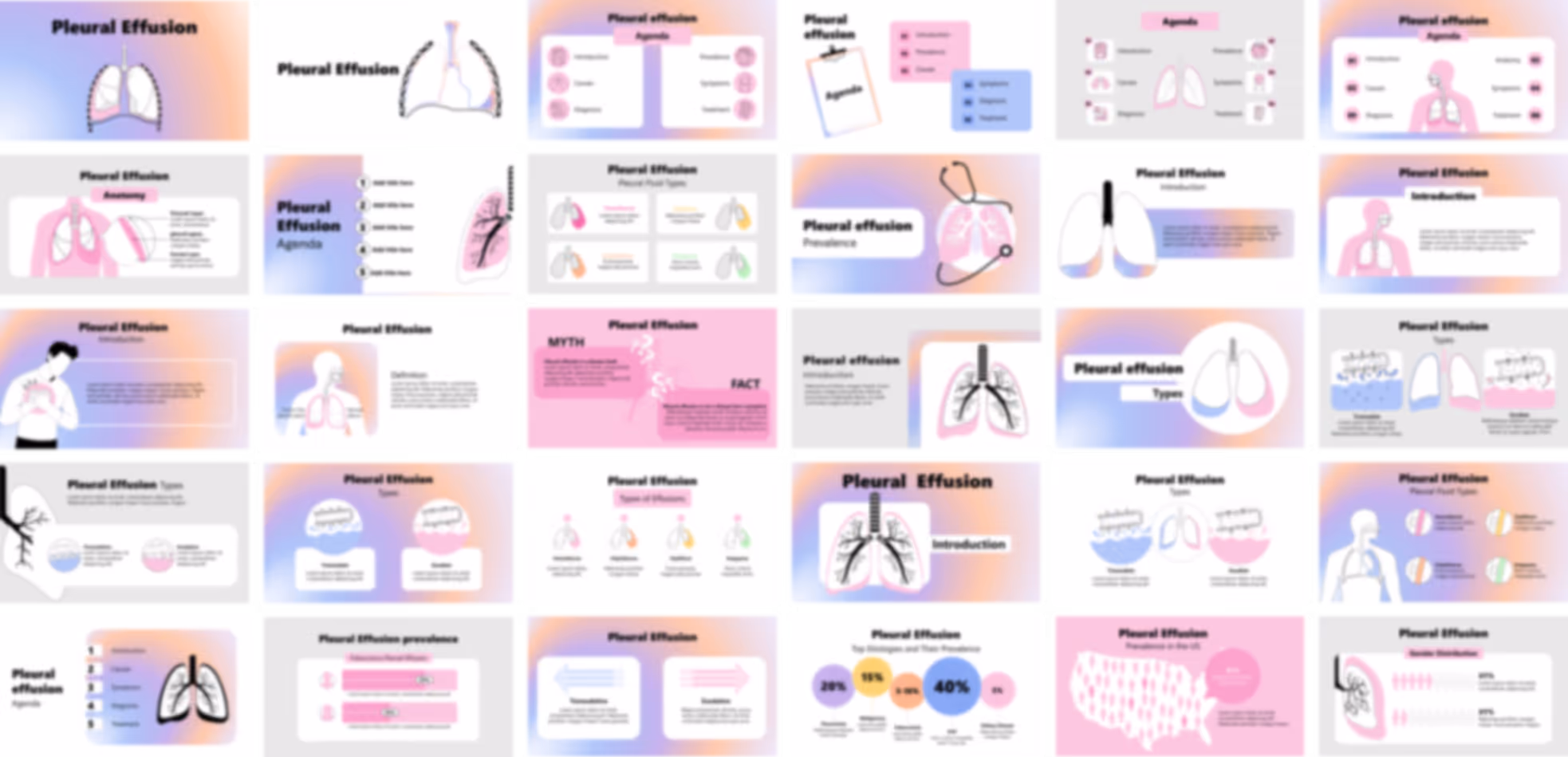 Pleural effusion PowerPoint template preview with professional slide layouts for clinical and educational presentations