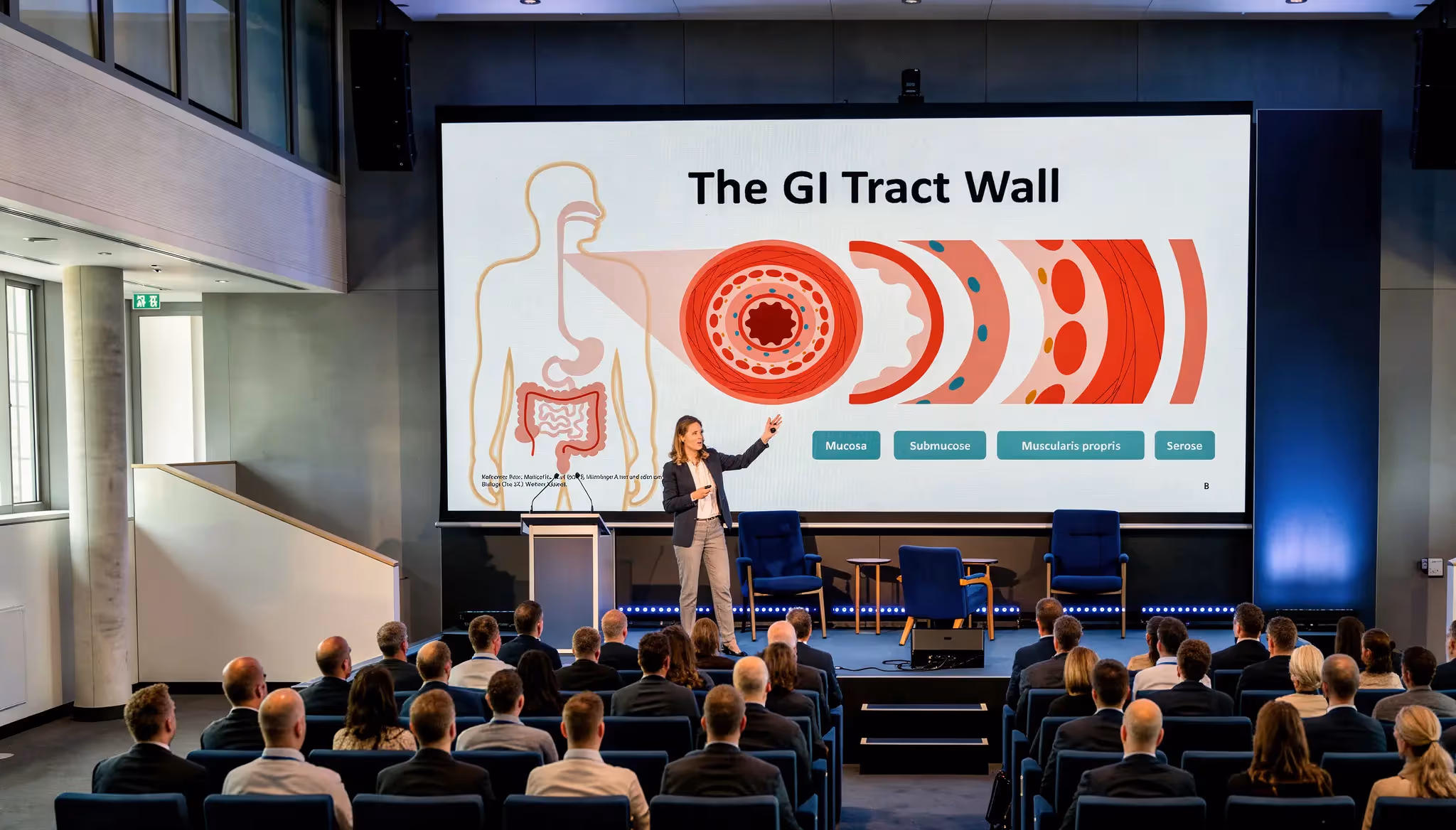 GI tract wall anatomy presentation slide shown during a medical conference in the USA using a structured Presentile slide