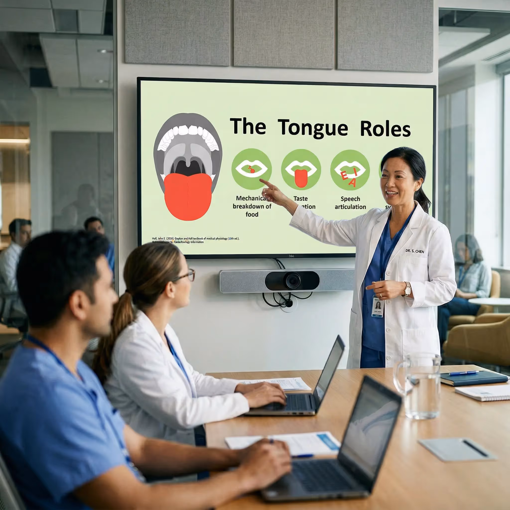 Tongue functions and roles presentation slide displayed during a medical training session in Europe using a Presentile slide