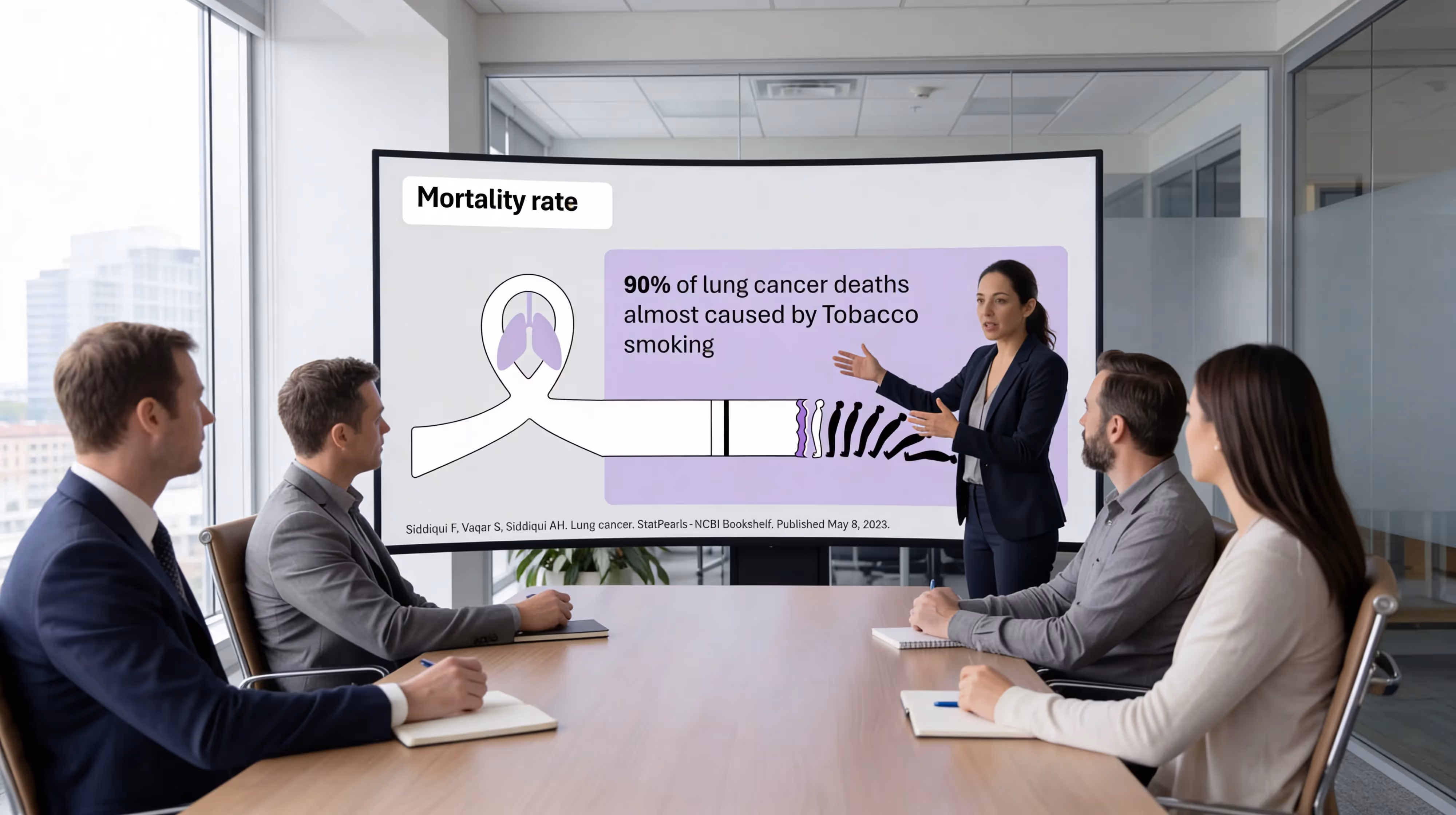 Lung cancer mortality rate presentation slide displayed during a medical training session in