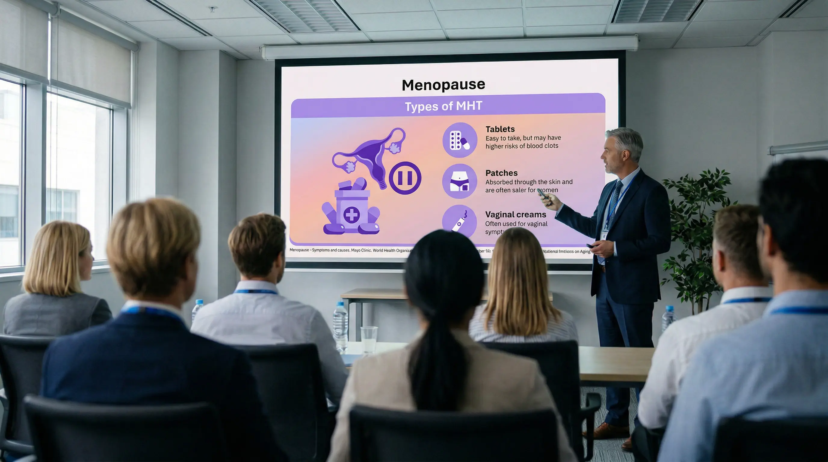 Menopause types of MHT presentation slide explained during a medical training session in Europe