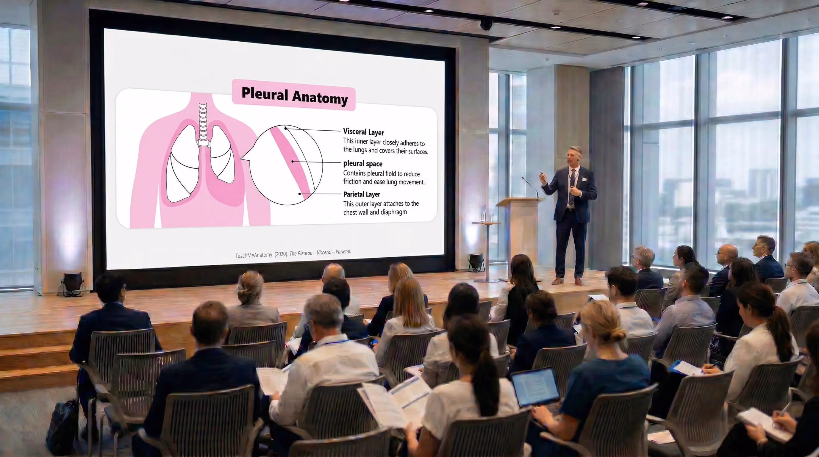 Pleural anatomy presentation slide shown during a medical conference in the USA