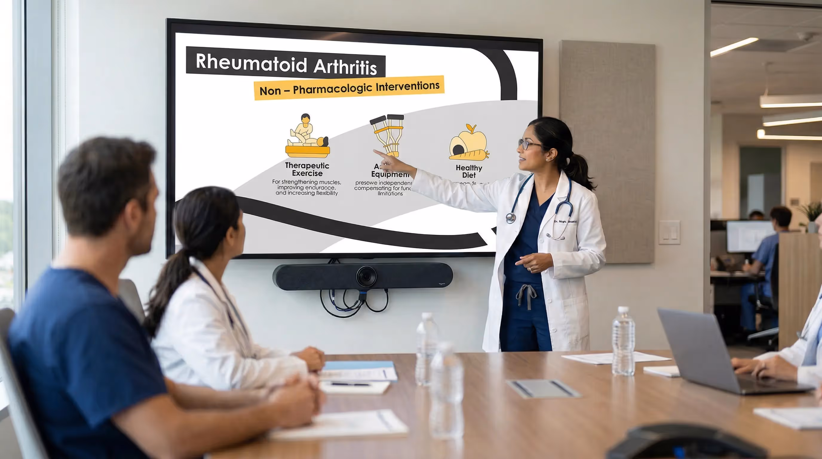 Doctor presenting rheumatoid arthritis non pharmacologic interventions including exercise assistive equipment and diet USA