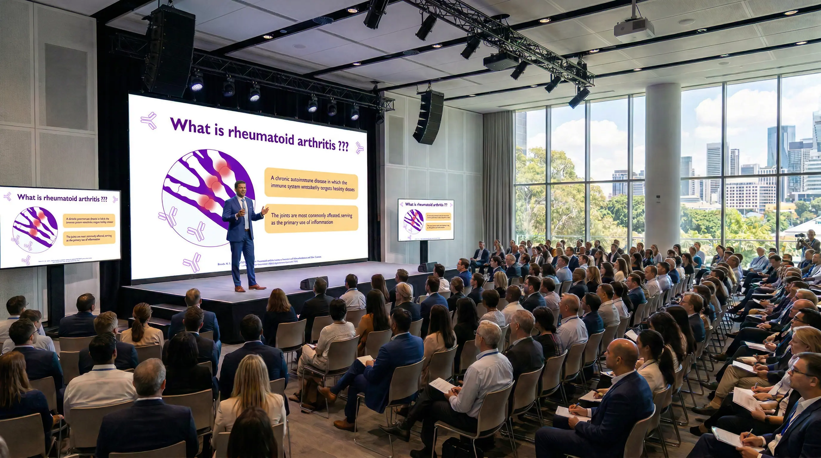 Large medical conference presentation explaining what is rheumatoid arthritis in USA