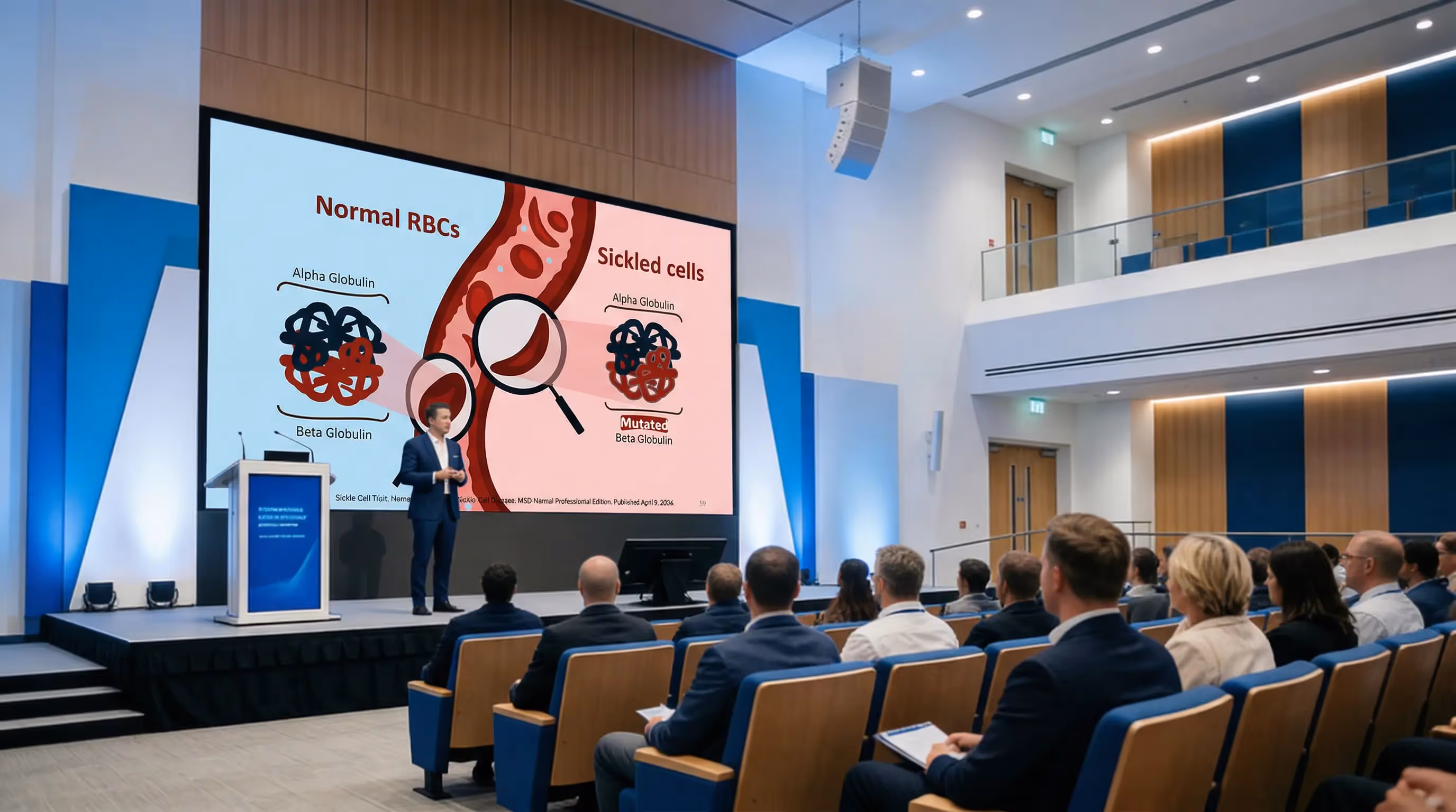 Medical conference slide comparing normal red blood cells and sickled cells in USA