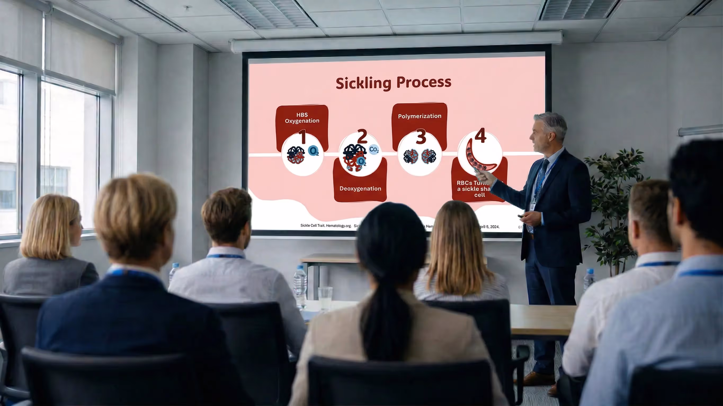 Sickle cell anemia process shown on medical presentation slide with audience in Canada