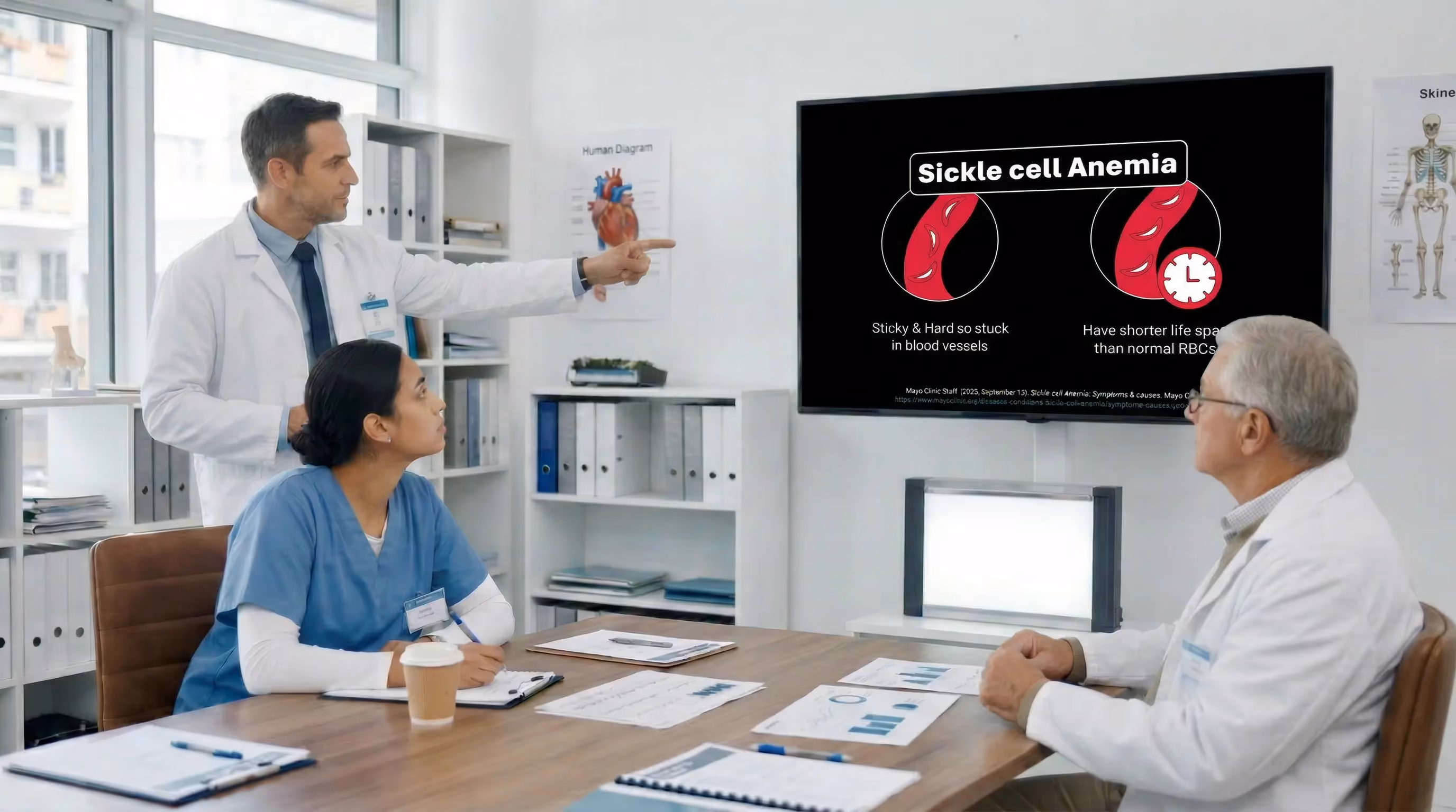 Sickle cell anemia slide showing abnormal red blood cell behavior in blood vessels during medical discussion