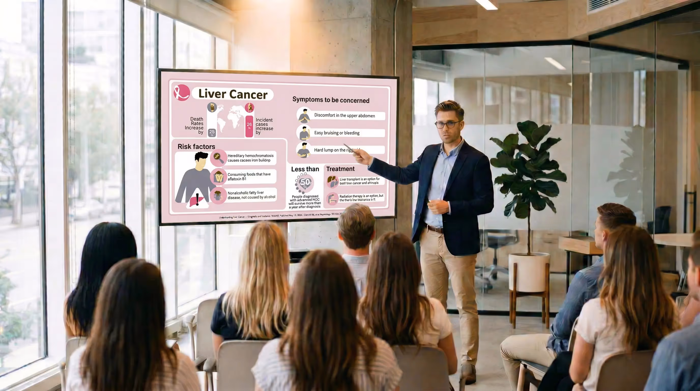 presenting liver cancer infographic slide in healthcare training session