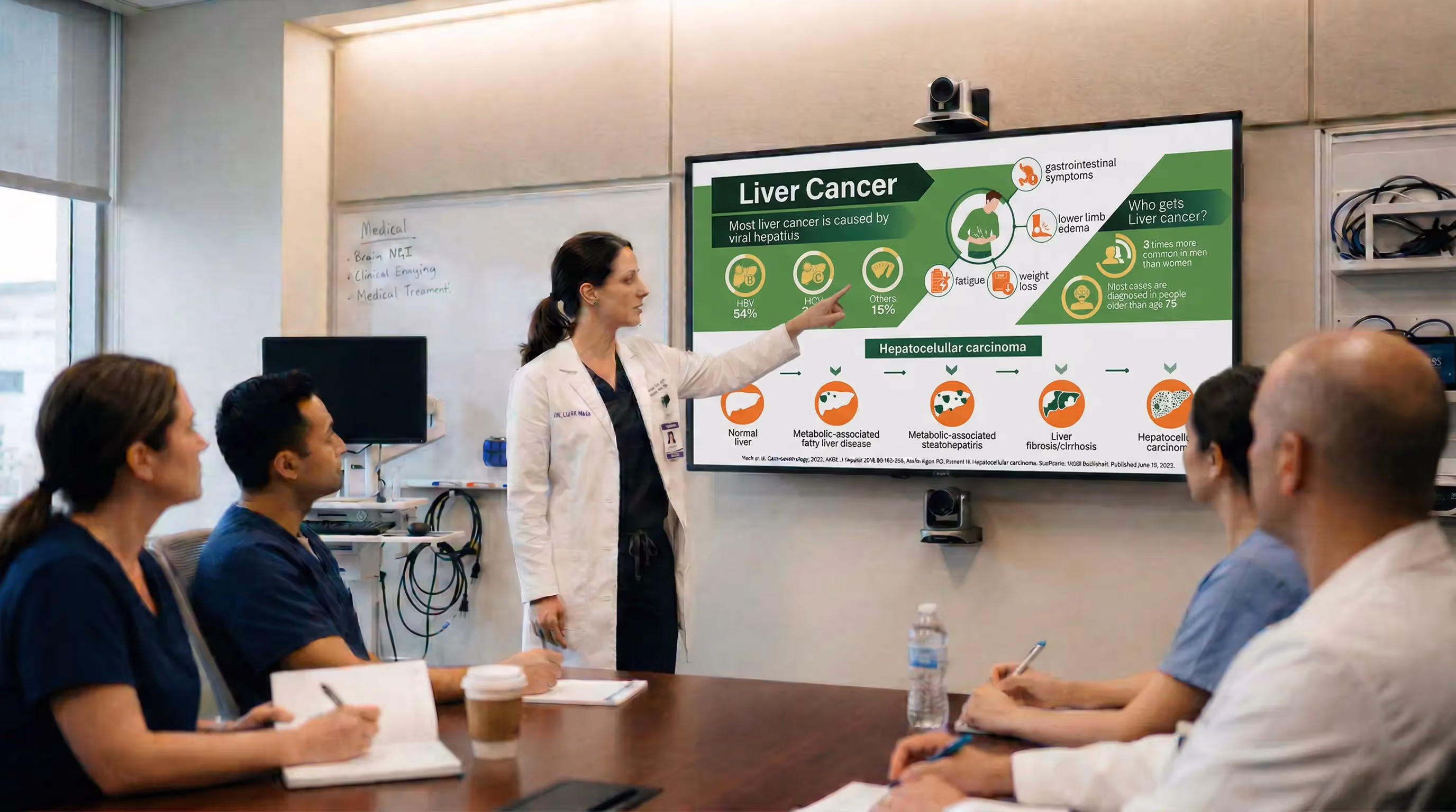 doctor presenting liver cancer infographic slide to clinical team