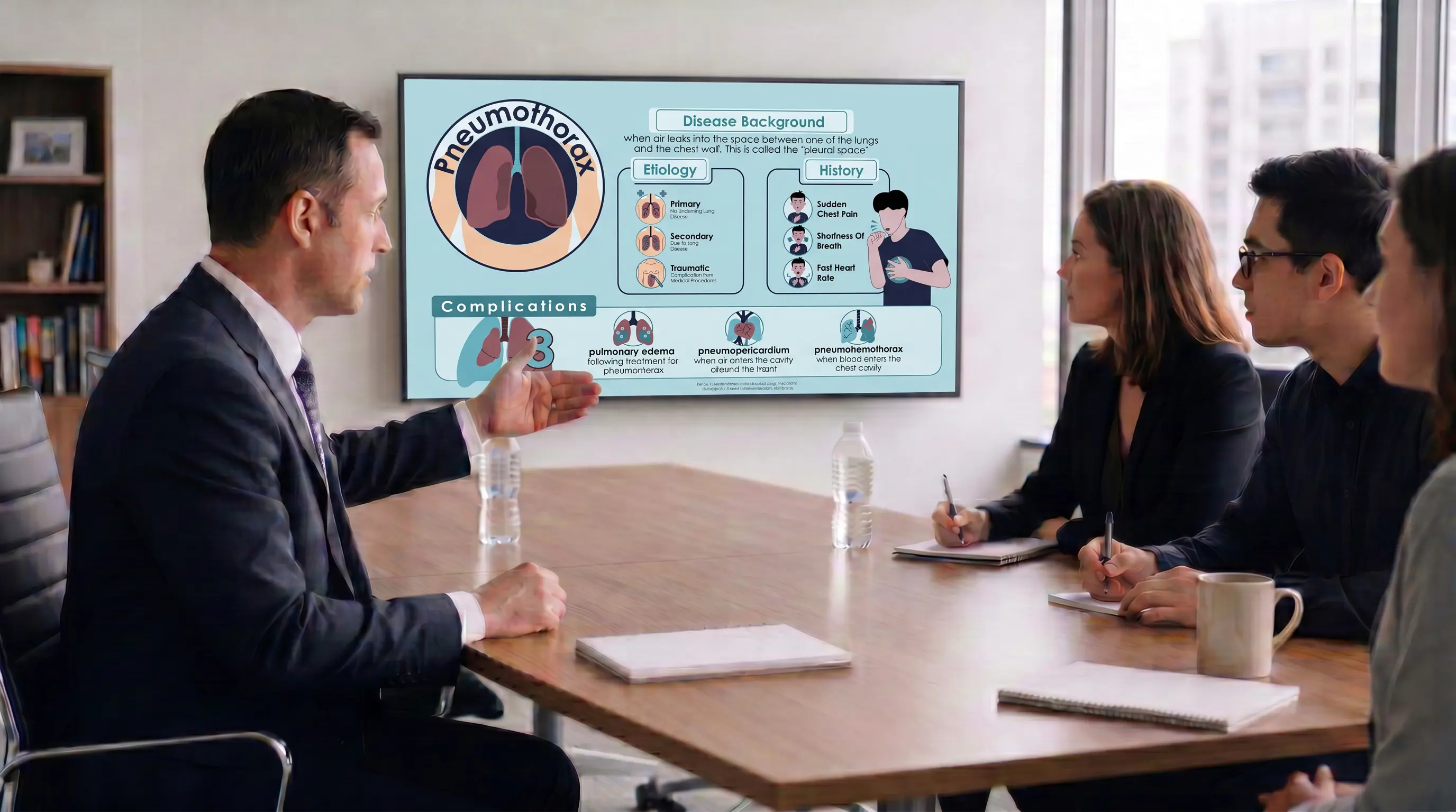 doctor presenting pneumothorax infographic slide to clinical team