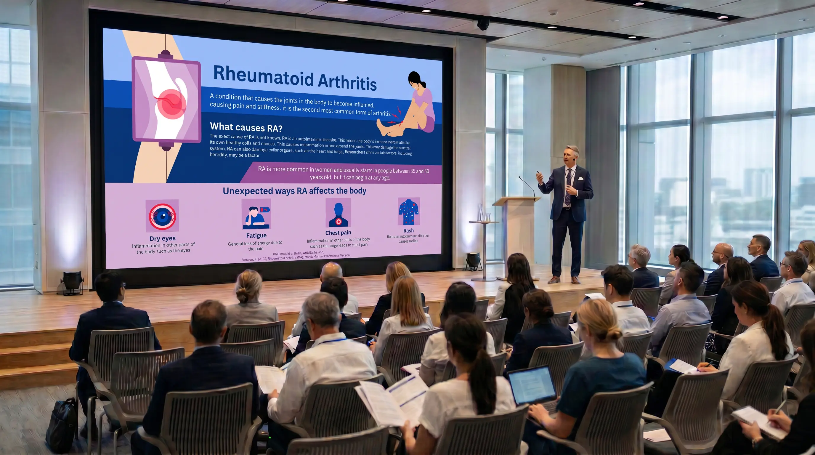presenting rheumatoid arthritis infographic slide during medical conference showing causes symptoms and systemic effects