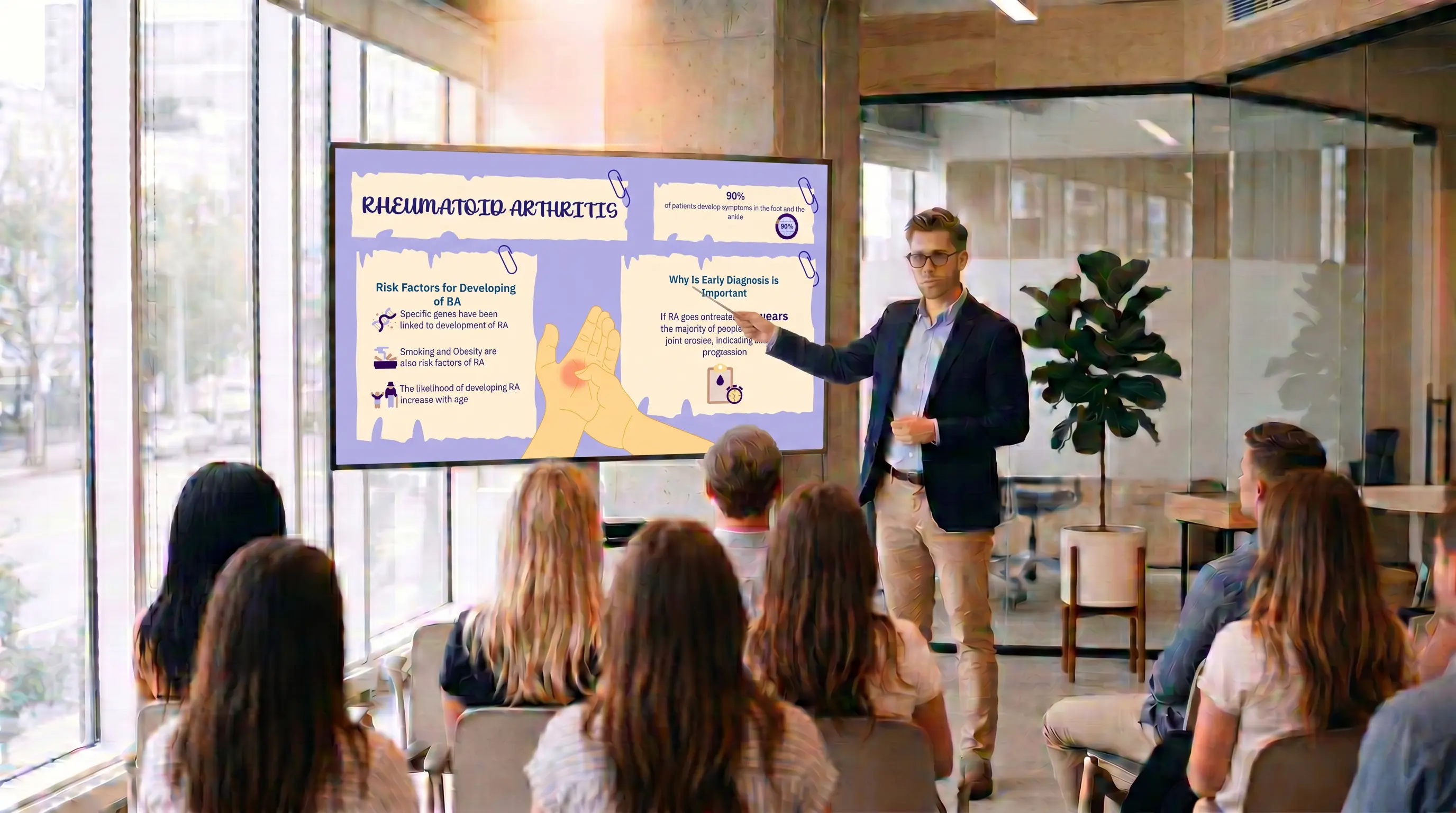 presenting rheumatoid arthritis risk factors infographic in clinical training session with early diagnosis insights