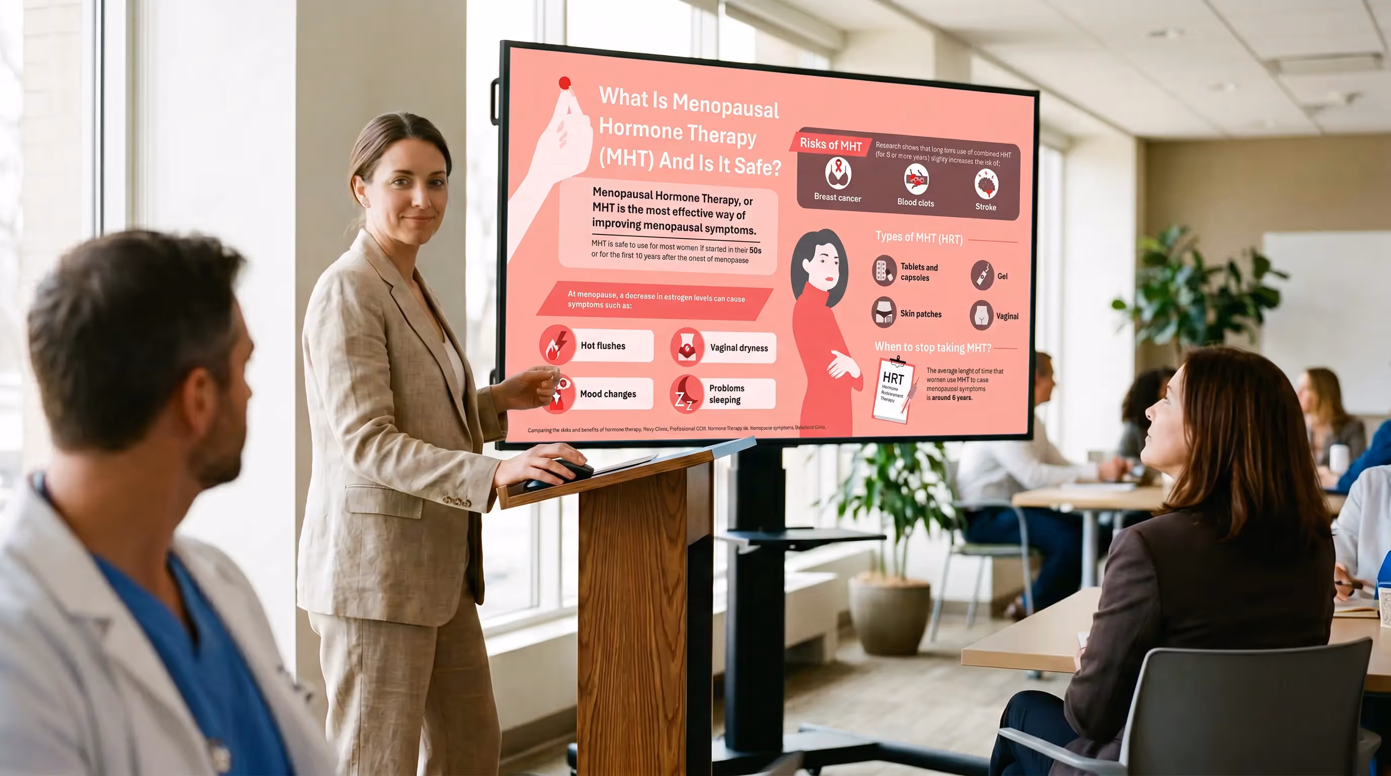presenting menopausal hormone therapy infographic explaining MHT benefits risks and treatment options in medical training