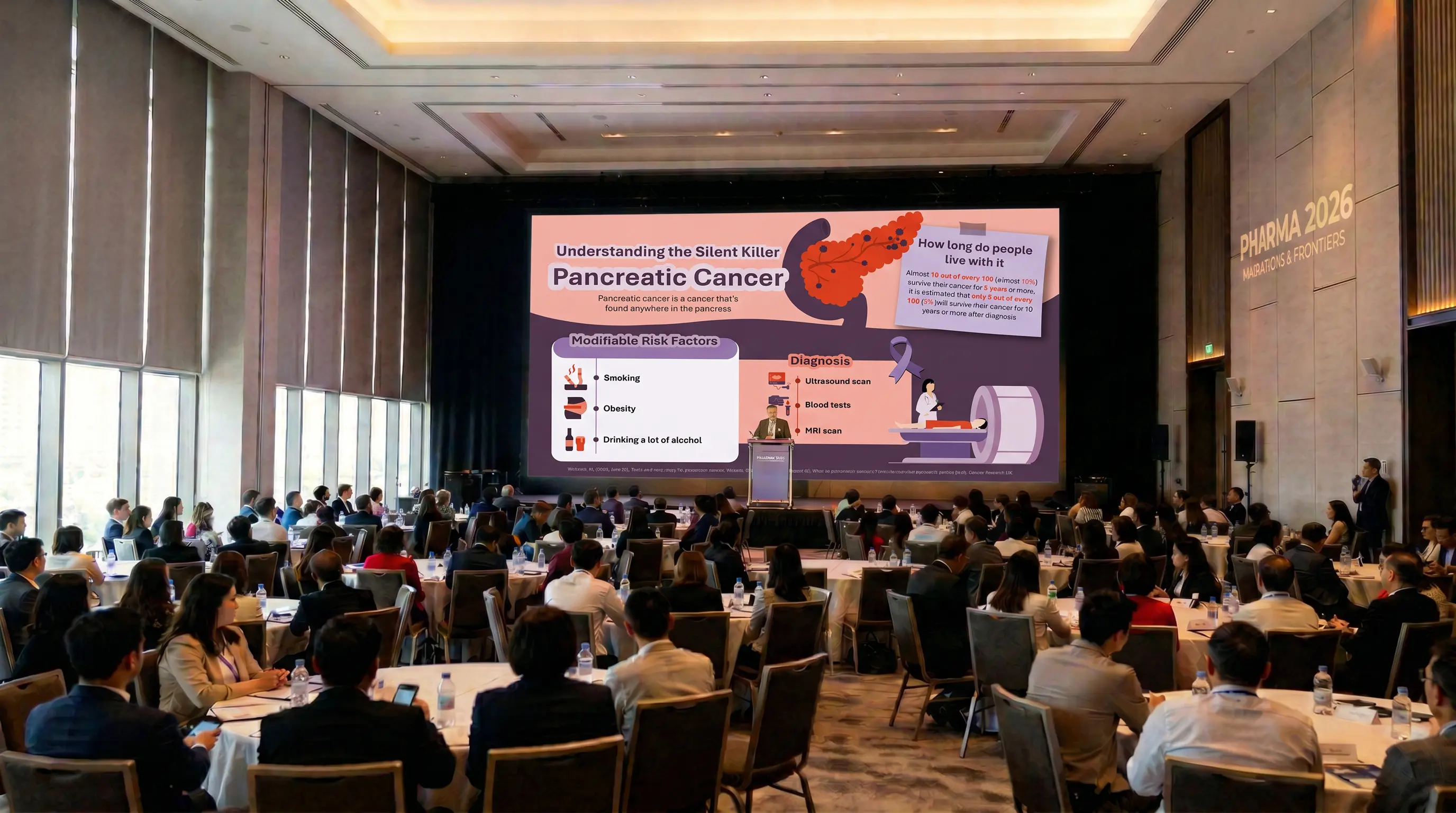 presenting pancreatic cancer infographic slide at medical conference covering risk factors diagnosis and survival insights