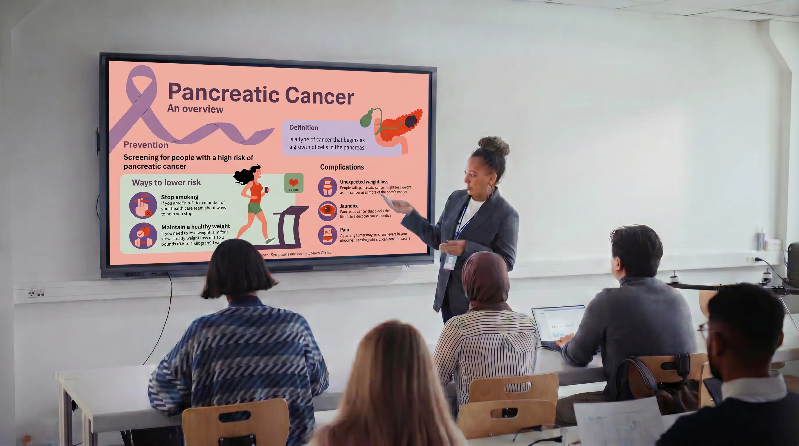 presenting pancreatic cancer prevention and overview infographic slide in medical classroom setting