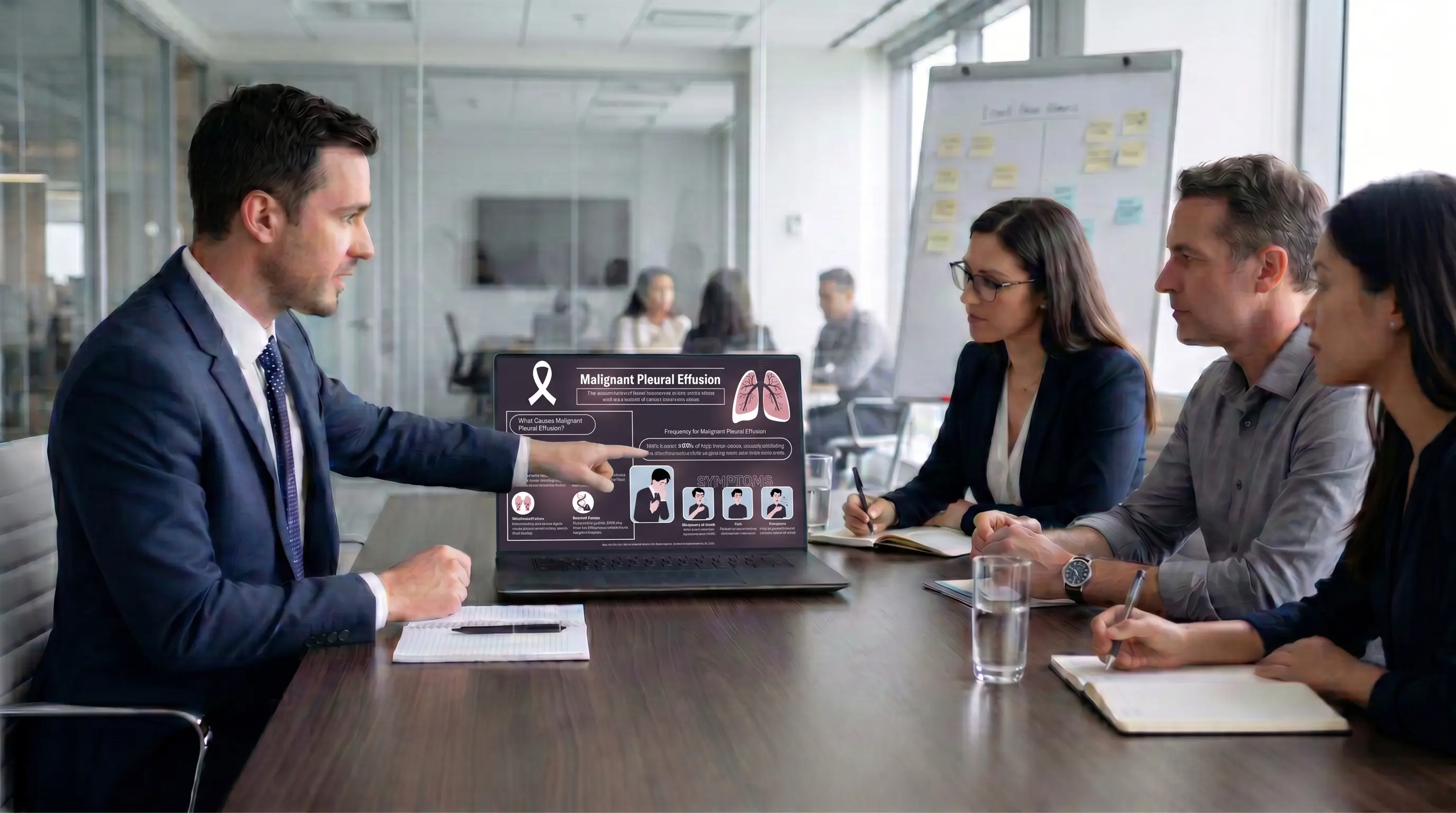 ready made malignant pleural effusion infographic displayed on laptop during medical discussion