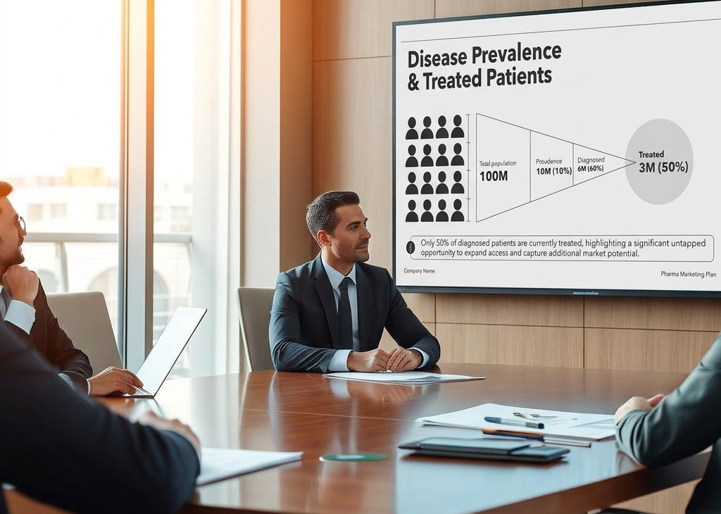 Marketing consultant presents disease prevalence data in marketing plan presentation