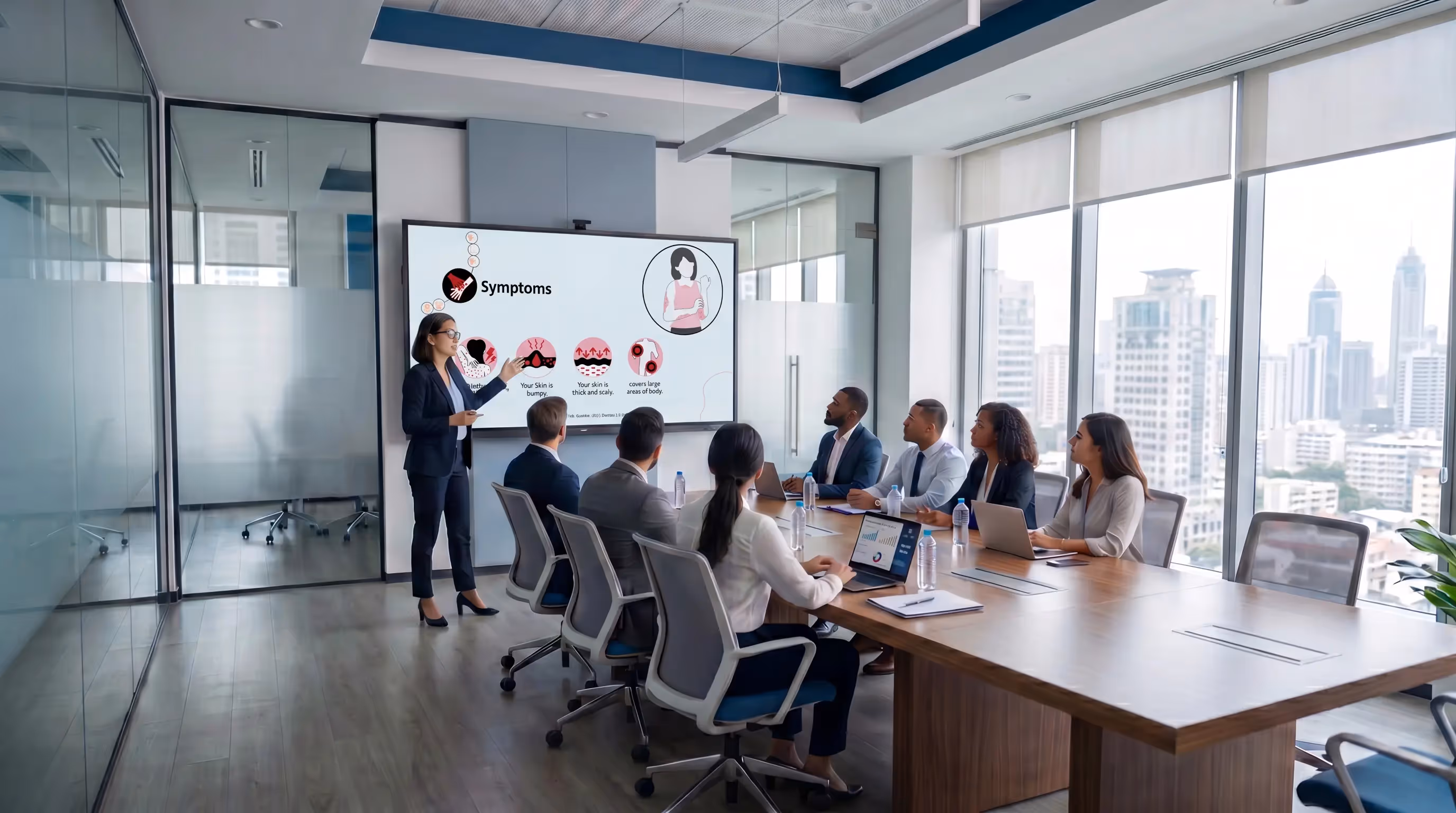 A team reviews a psoriasis symptoms infographic during a professional meeting