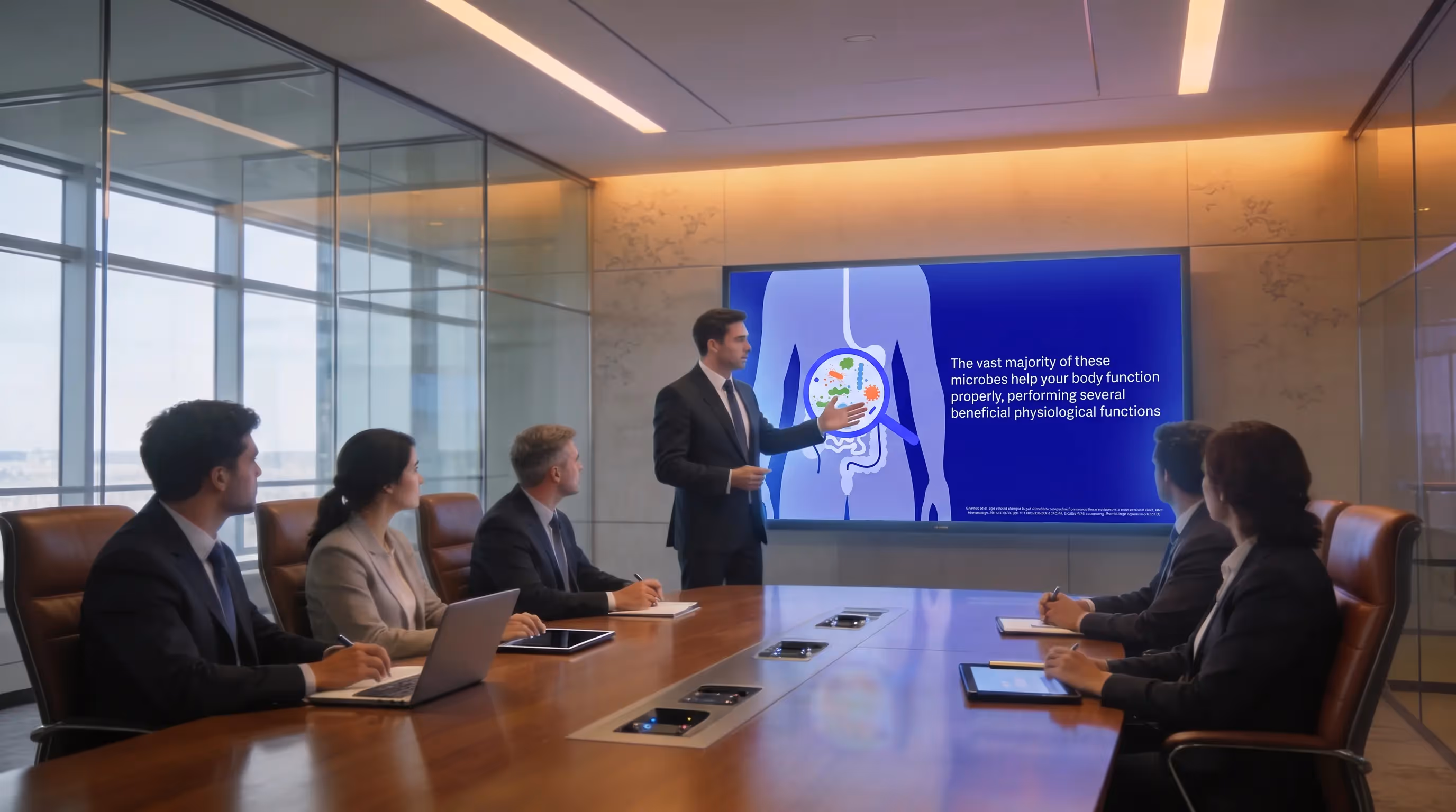 Medical meeting with presentation screen showing gut microbiome infographic explaining beneficial microbes