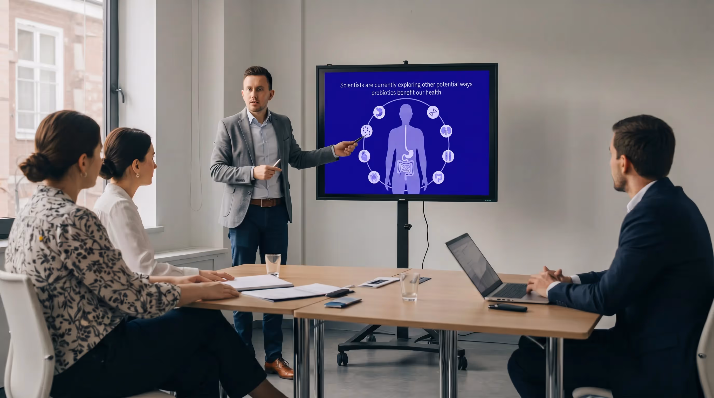 Team discussion with screen showing probiotics health benefits infographic and human digestive system illustration