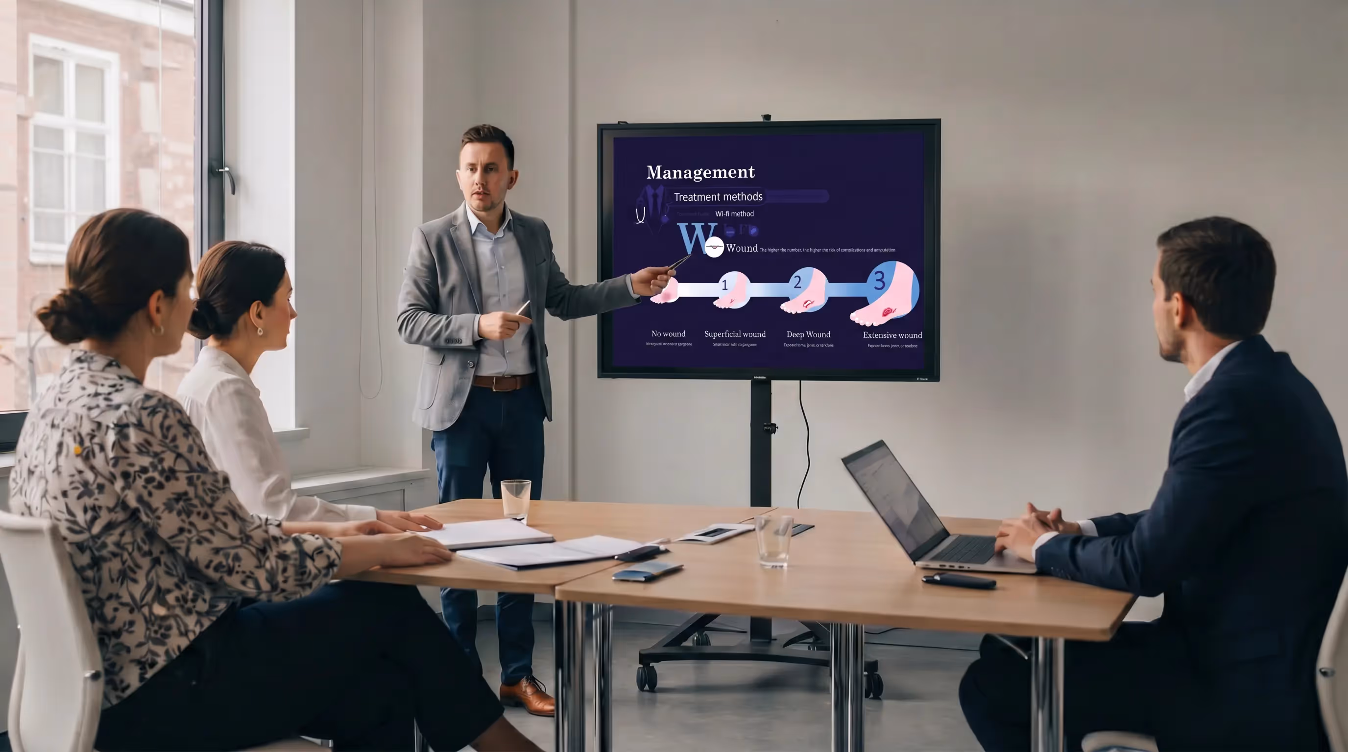 medical discussion with screen showing diabetic foot ulcer management stages from superficial to extensive wounds using Presentile ready made slides