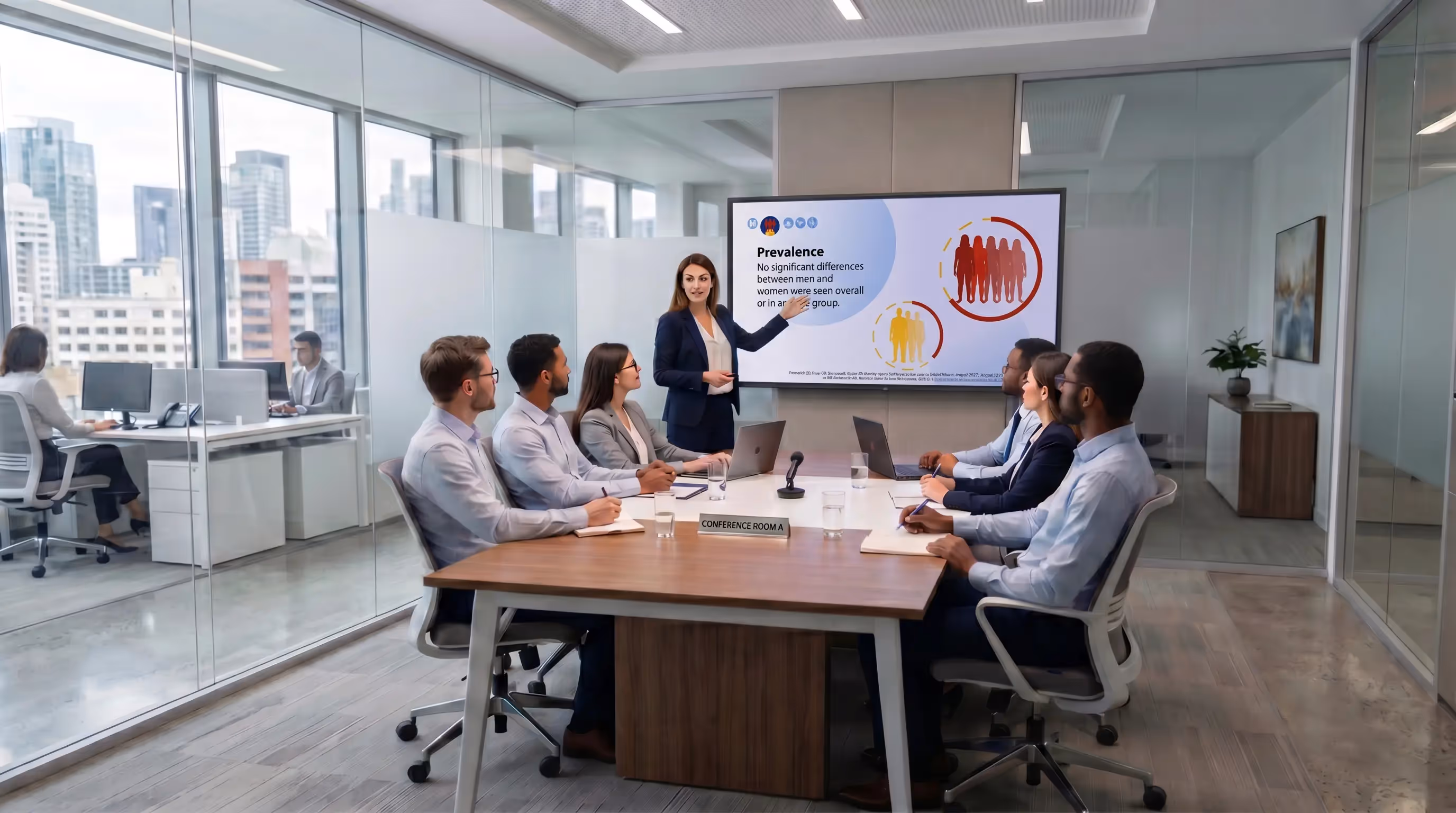 Business meeting presentation showing obesity prevalence comparison between men and women using infographic charts